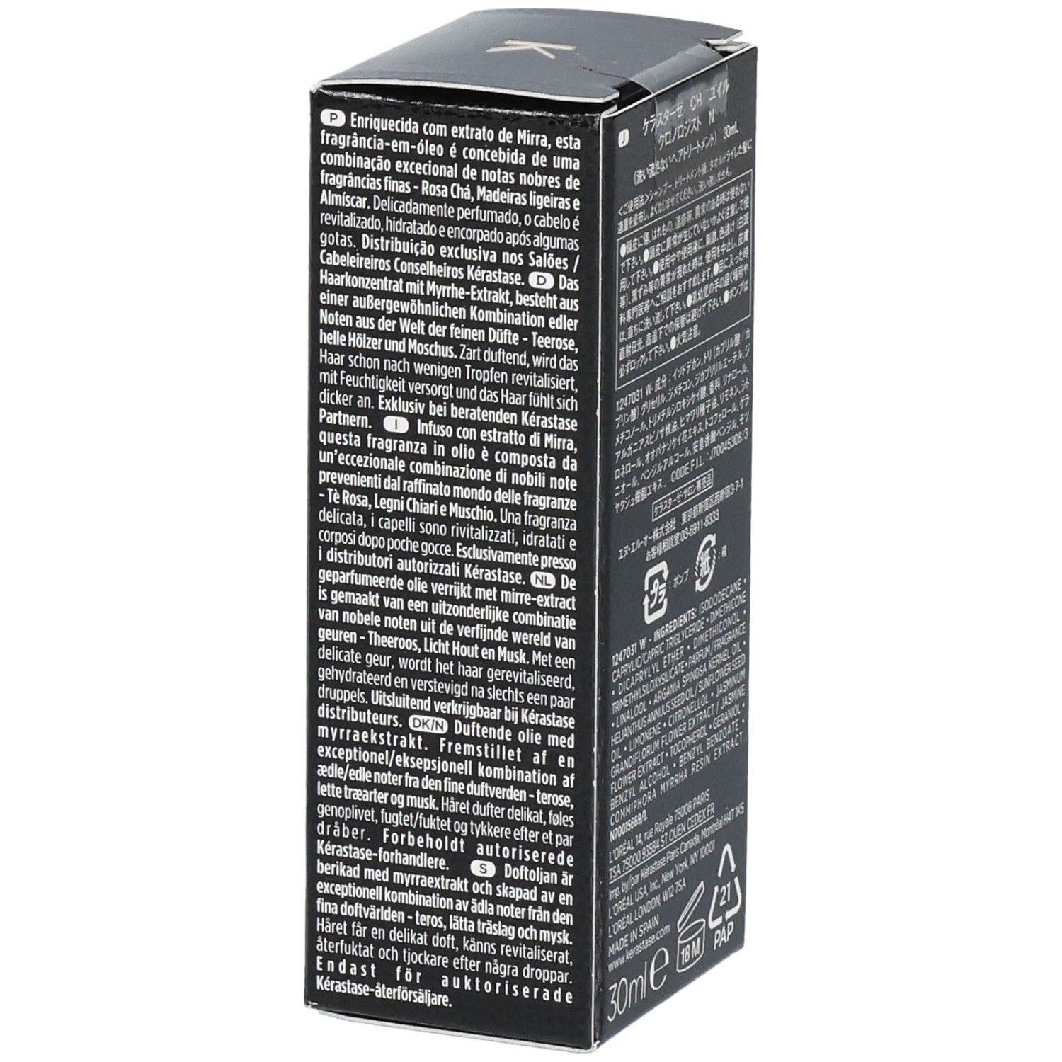 Boîte Kérastase Chronologiste L'Huile de Parfum. Panneau latéral avec description du produit en plusieurs langues.