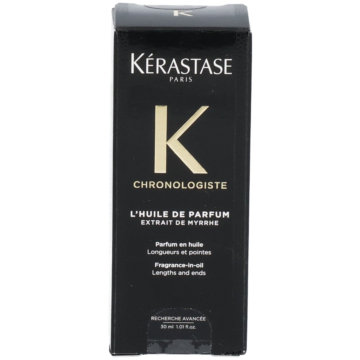 Boîte Kérastase Chronologiste L'Huile de Parfum. Vue de face avec logo K doré et nom du produit.