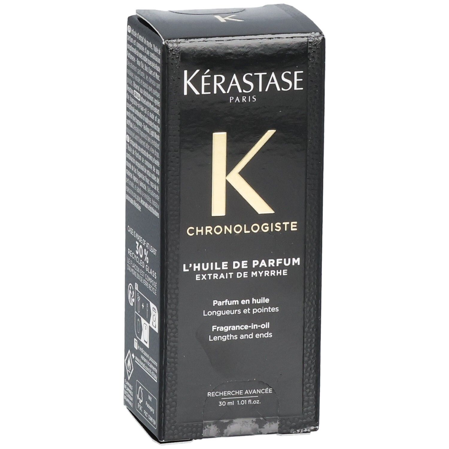 Boîte Kérastase Chronologiste L'Huile de Parfum. Vue en angle montrant l'avant et le côté.
