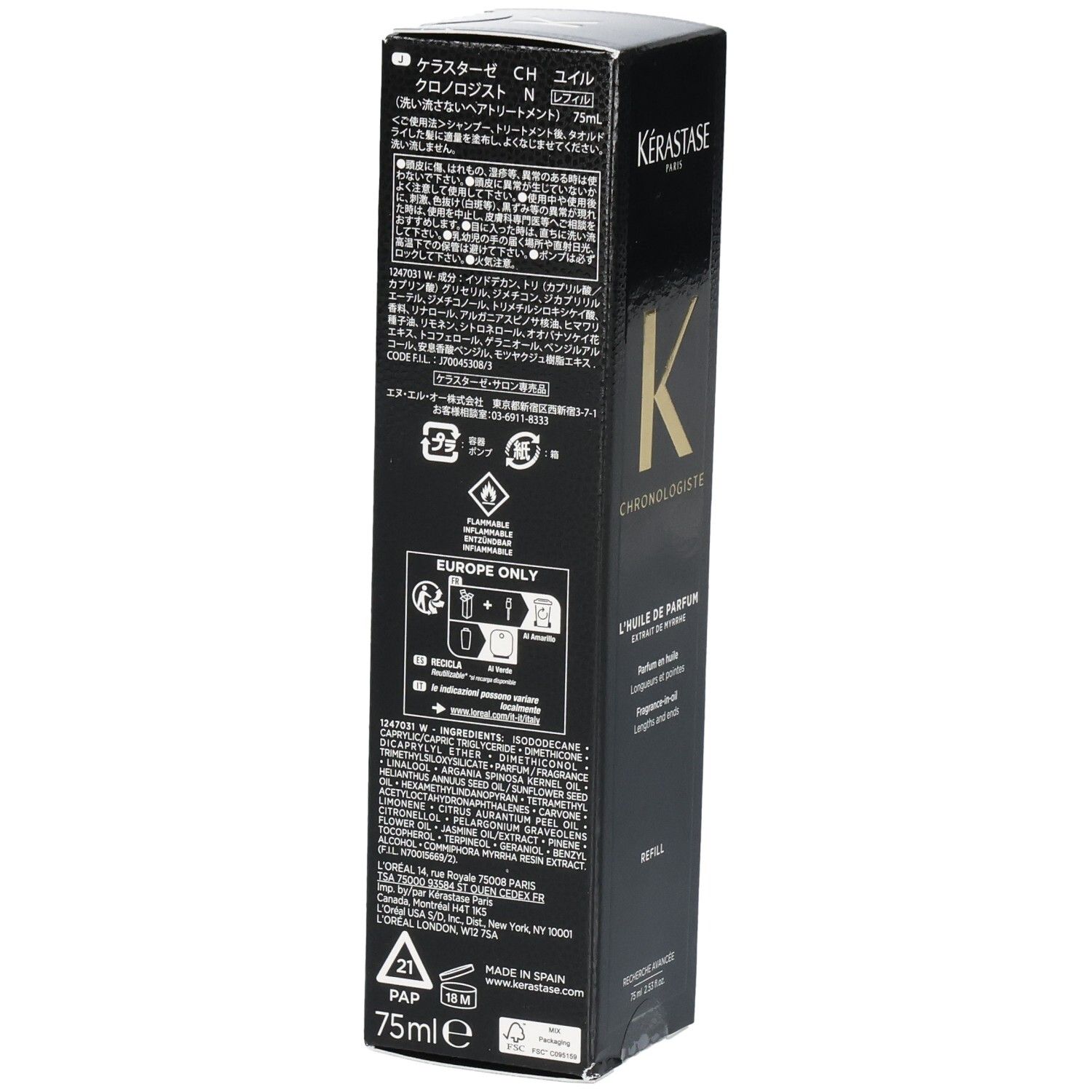 Arrière de la recharge Kérastase Chronologiste L'Huile de Parfum avec ingrédients et instructions.