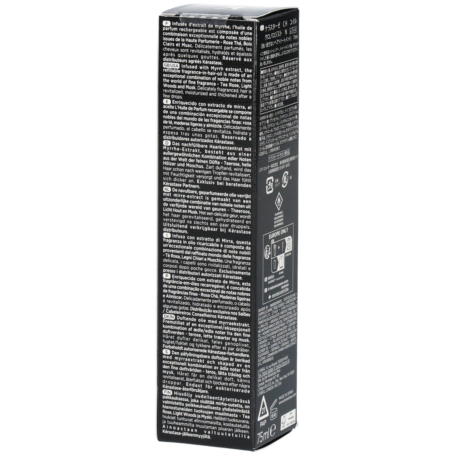 Vue latérale de la recharge Kérastase Chronologiste L'Huile de Parfum avec informations produit multilingues.