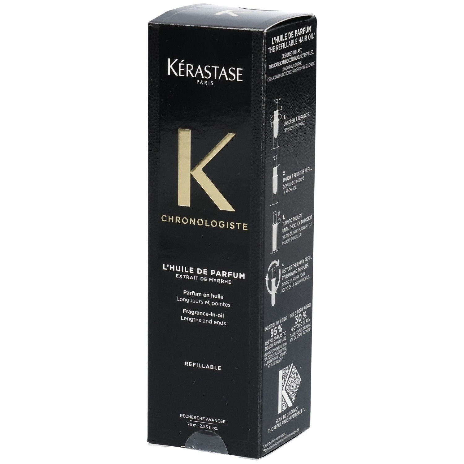Kérastase Chronologiste Huile: Boîte noire avec logo K doré et nom du produit.