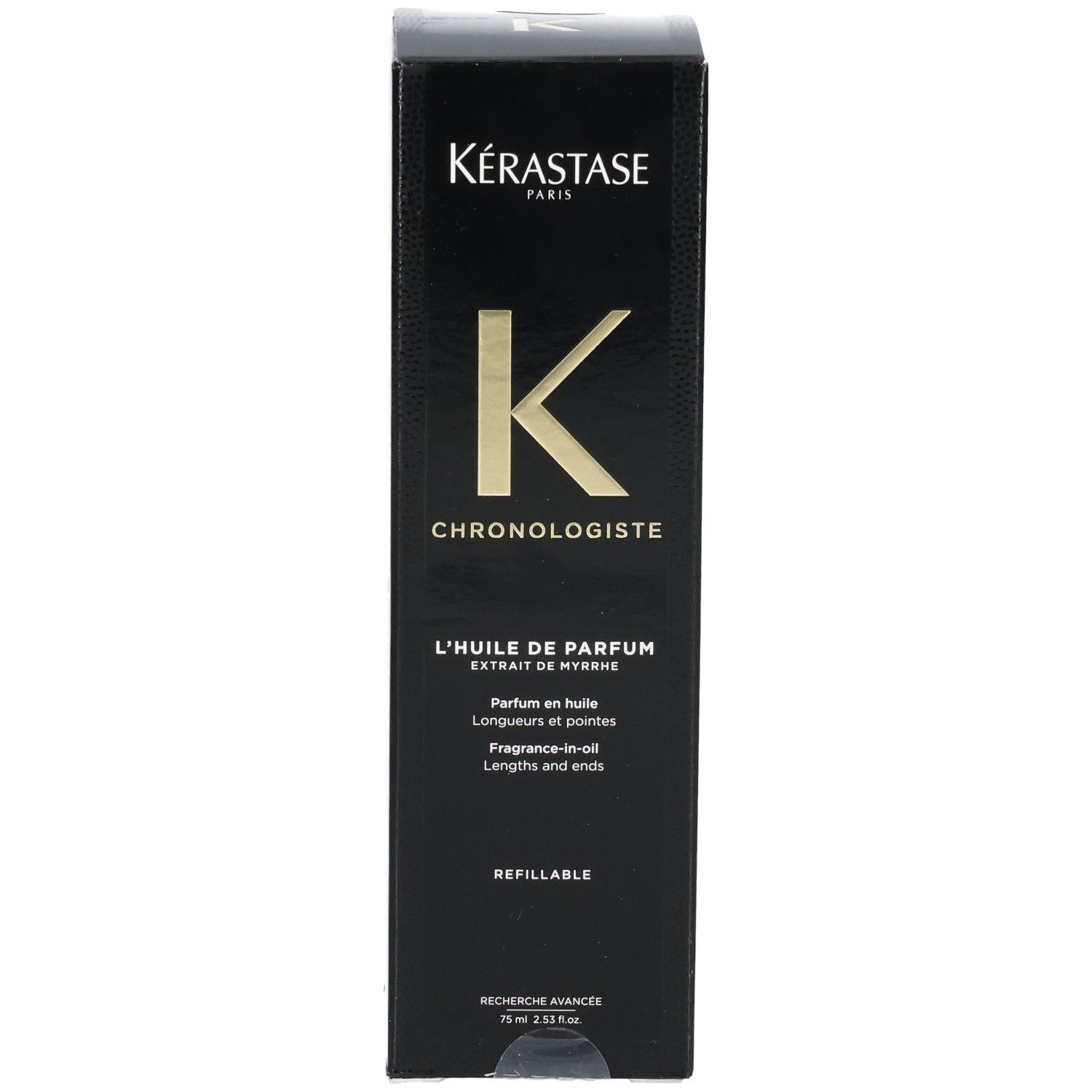 Kérastase Chronologiste Huile: Face avant de la boîte montrant le système de recharge.