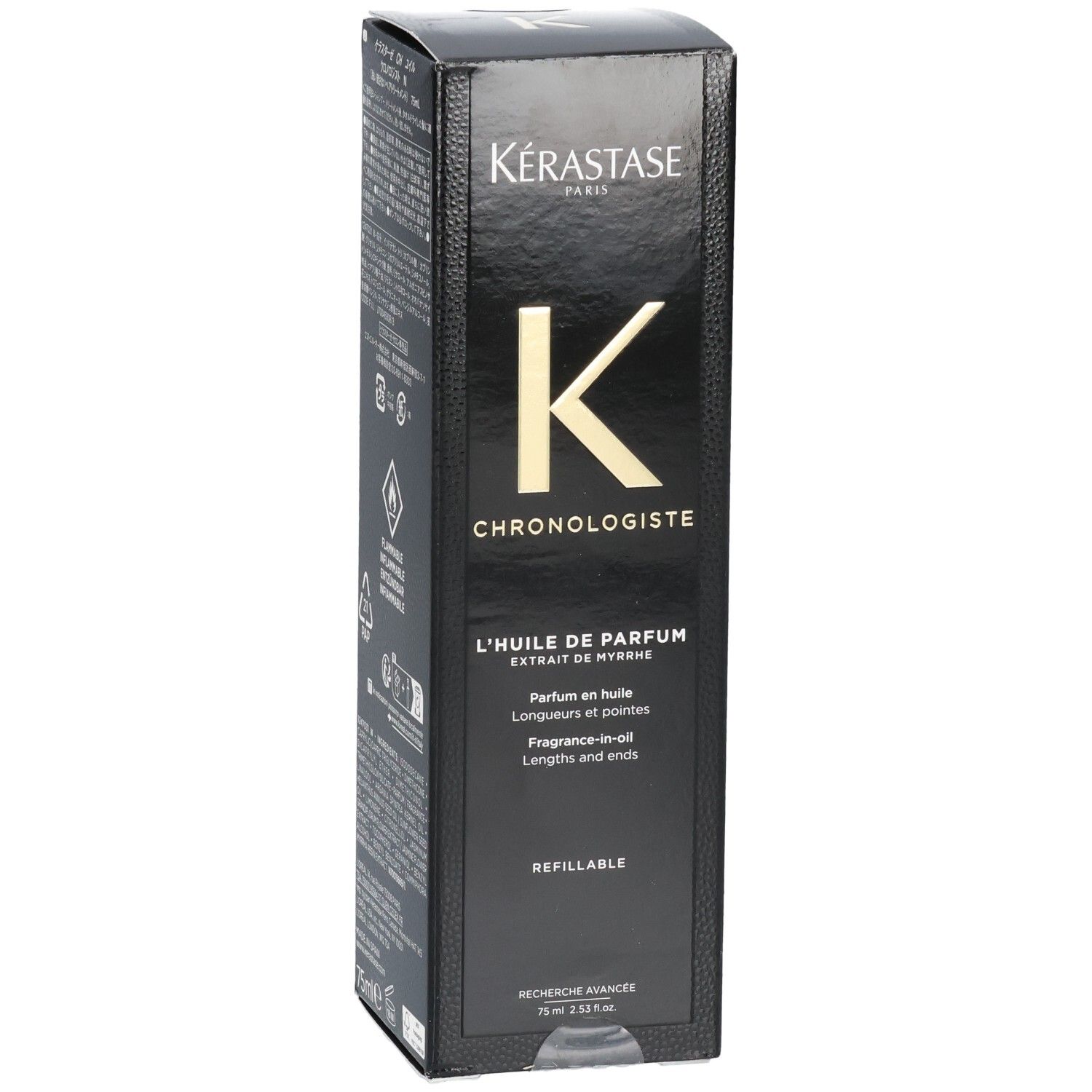 Kérastase Chronologiste Huile: Boîte avec l'inscription 'REFILLABLE' et informations produit.