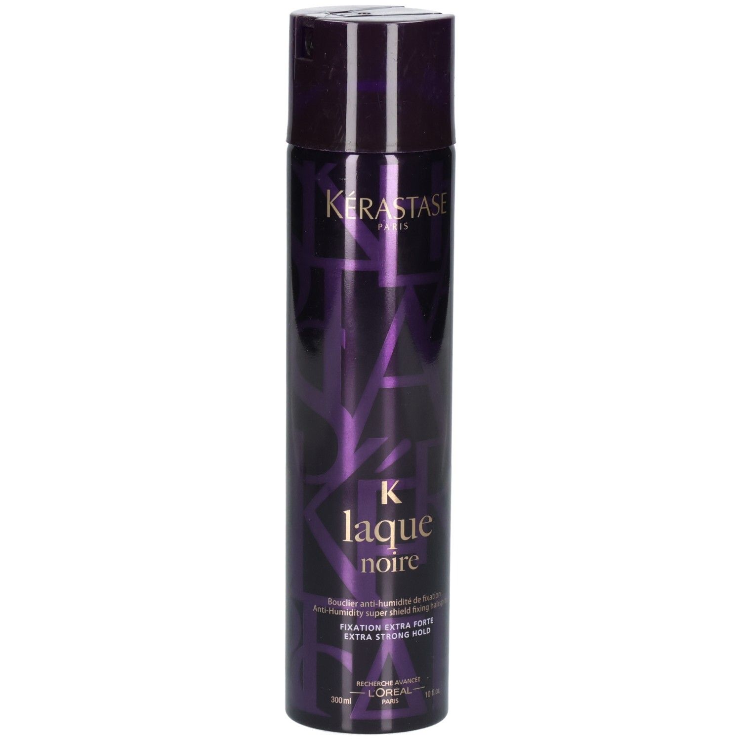 Kérastase Laque Noire laque en flacon violet foncé avec motif. Fixation extra forte.