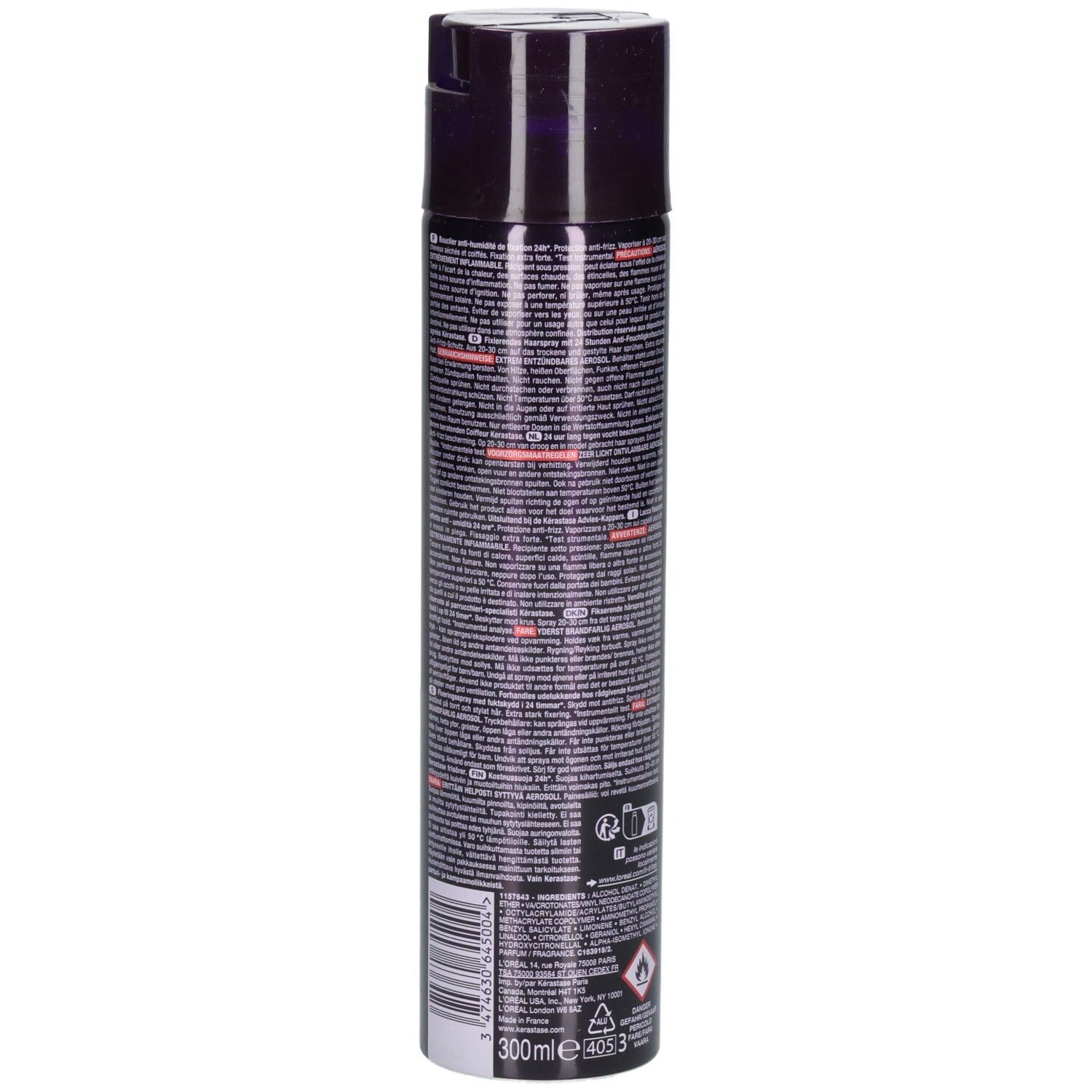Aérosol foncé avec capuchon noir et instructions détaillées sur l'étiquette. 300ml.