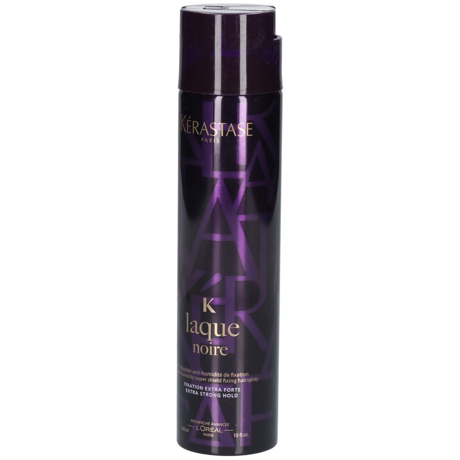 Kérastase Laque Noire laque en flacon violet foncé avec motif. Fixation extra forte.
