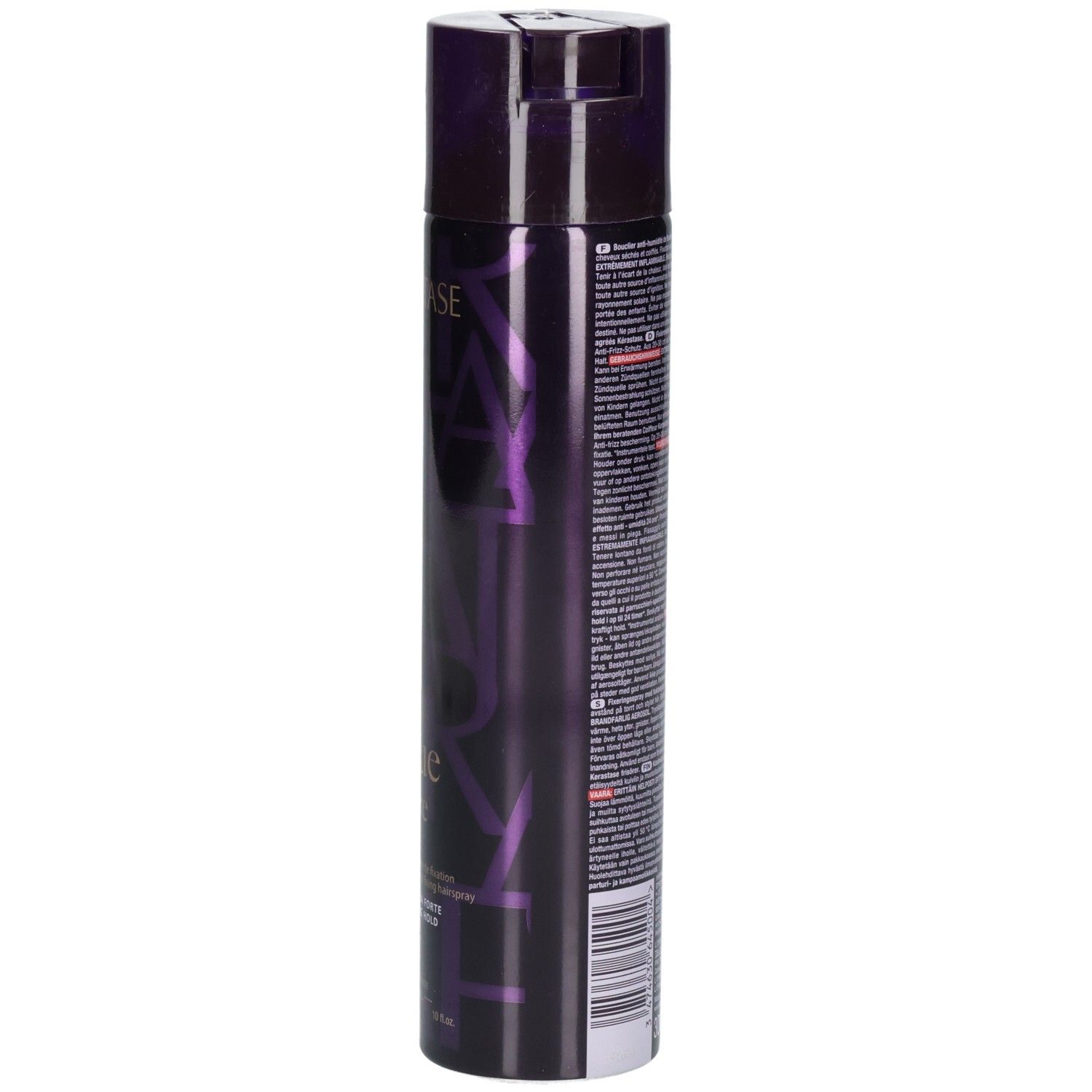 Bouteille d'aérosol violette pour cheveux avec lettrage argenté et informations sur l'étiquette.