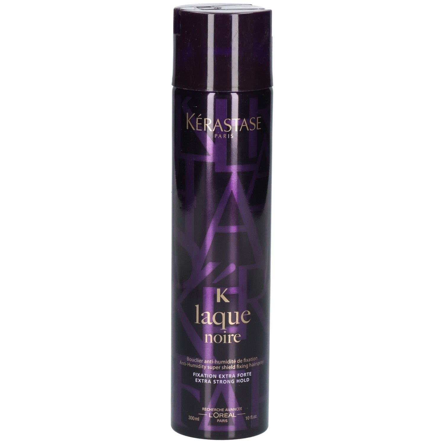 Kérastase Laque Noire laque en flacon violet foncé avec motif. Fixation extra forte.