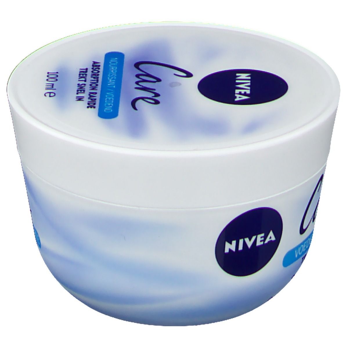 Pot blanc avec couvercle bleu. Inscription: NIVEA Care, Absorption Rapide, 100 ml.