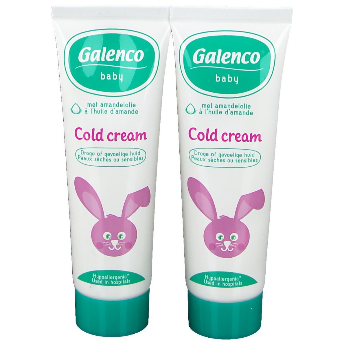 Deux tubes de crème froide pour bébé. Inscription : Galenco Baby, Cold cream, avec de l'huile d'amande. Sur l'emballage : 2=1.