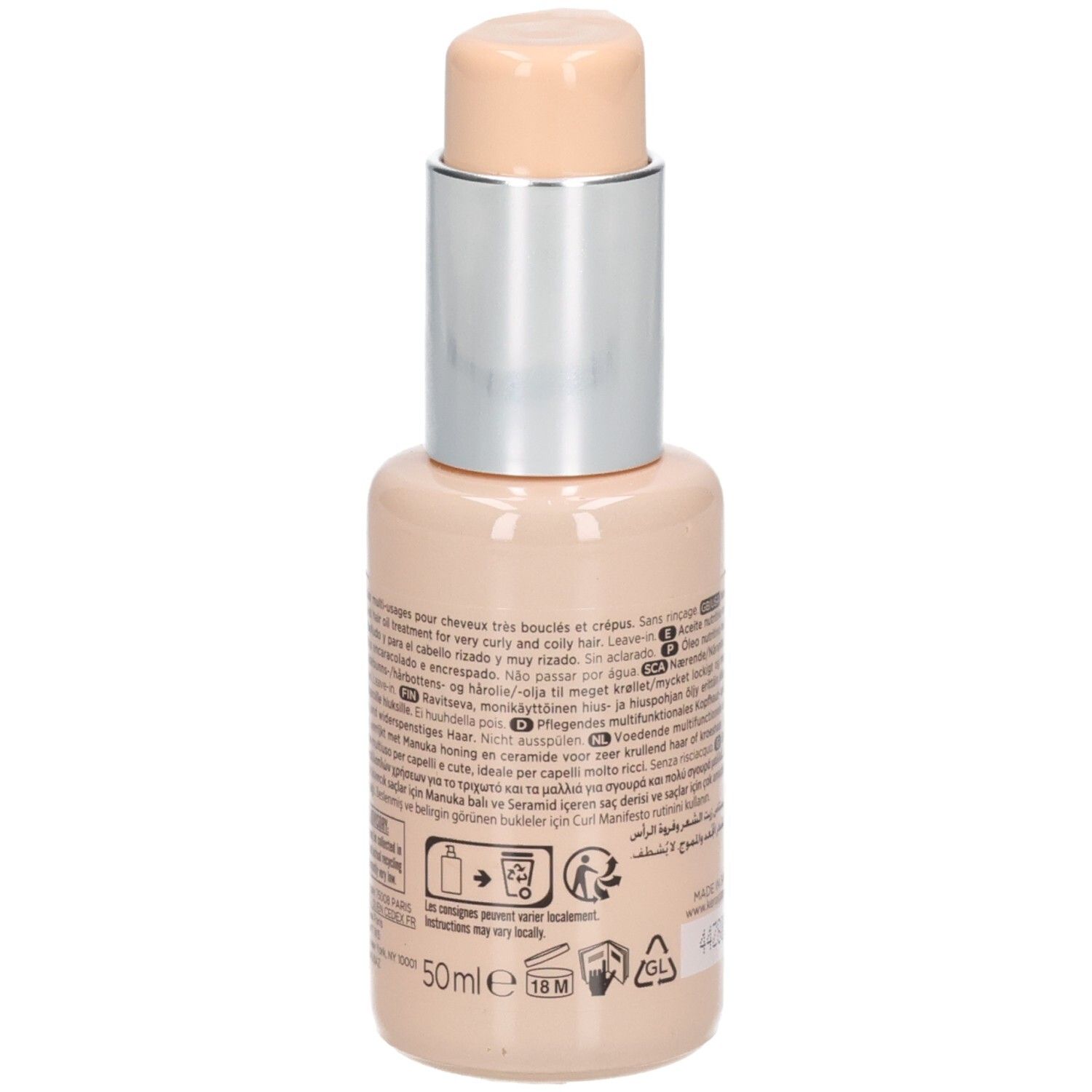 Flacon de fond de teint beige avec pompe argentée et capuchon beige. 50ml.