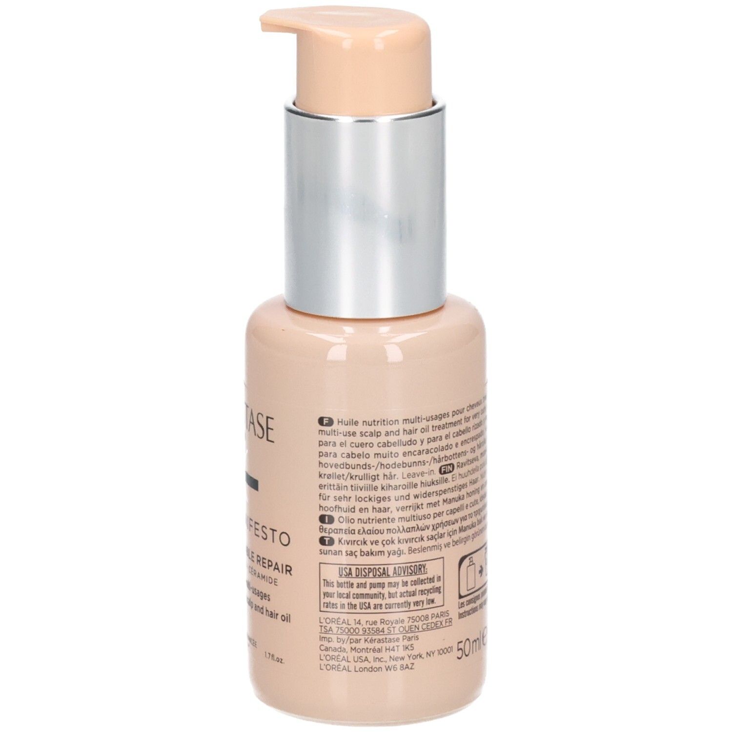 Flacon beige avec pompe, 50ml.