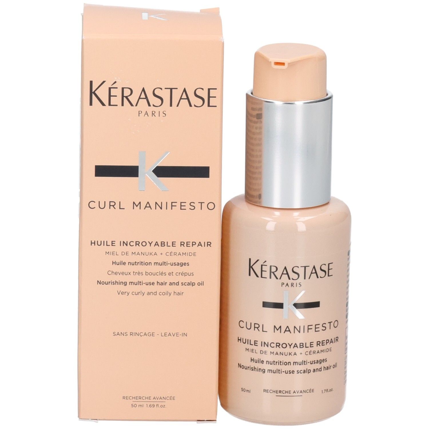 Huile Kérastase Curl Manifesto dans un flacon beige clair avec pompe et emballage cartonné.