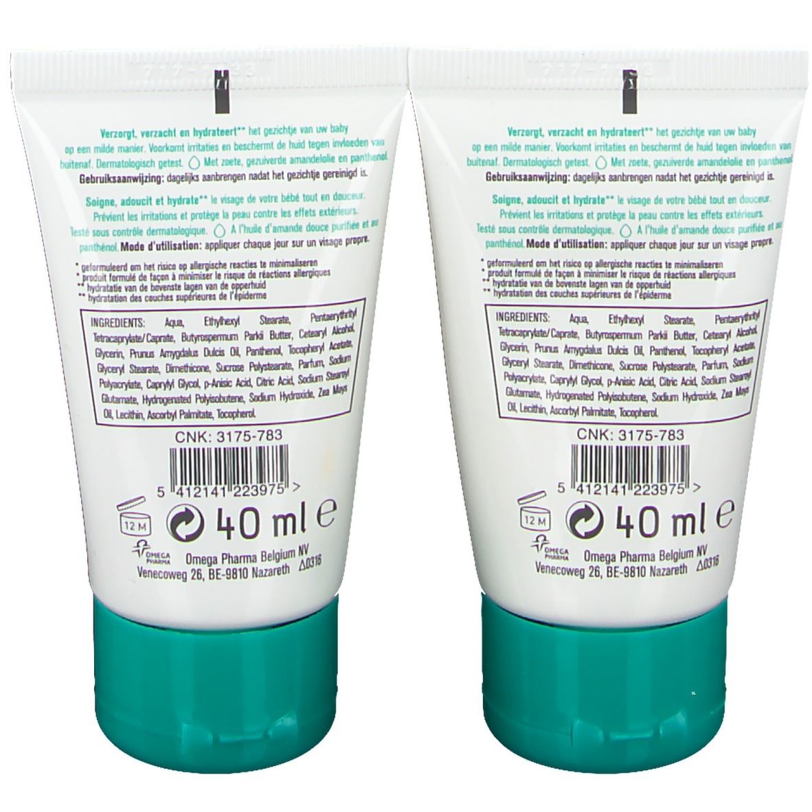 Deux tubes blancs avec bouchons verts. Informations imprimées sur le produit. 40 ml. Numéro CNK.