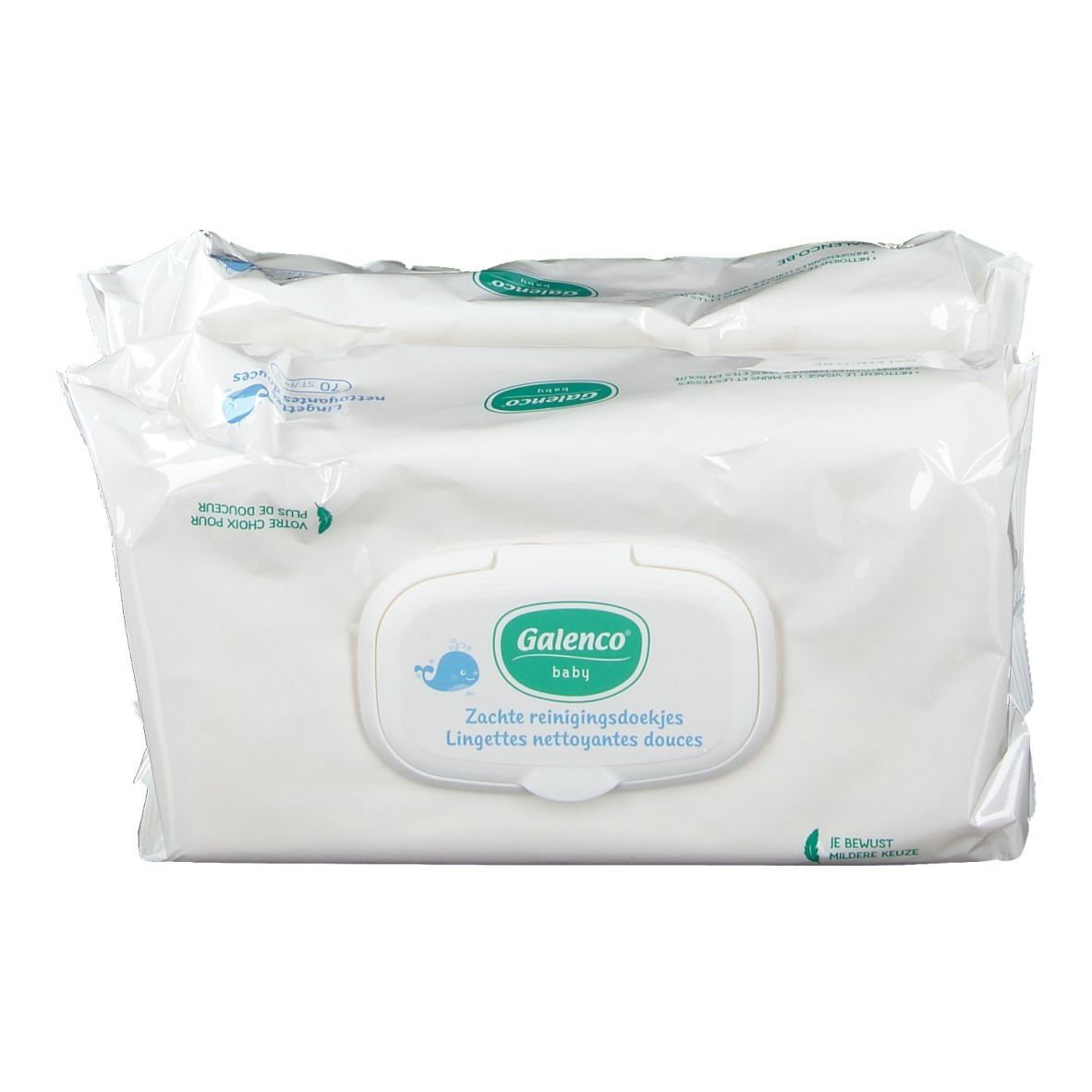 Deux paquets de lingettes Galenco Baby. Emballage blanc avec logo vert et nom du produit. Inscription : Zachte reinigingsdoekjes.