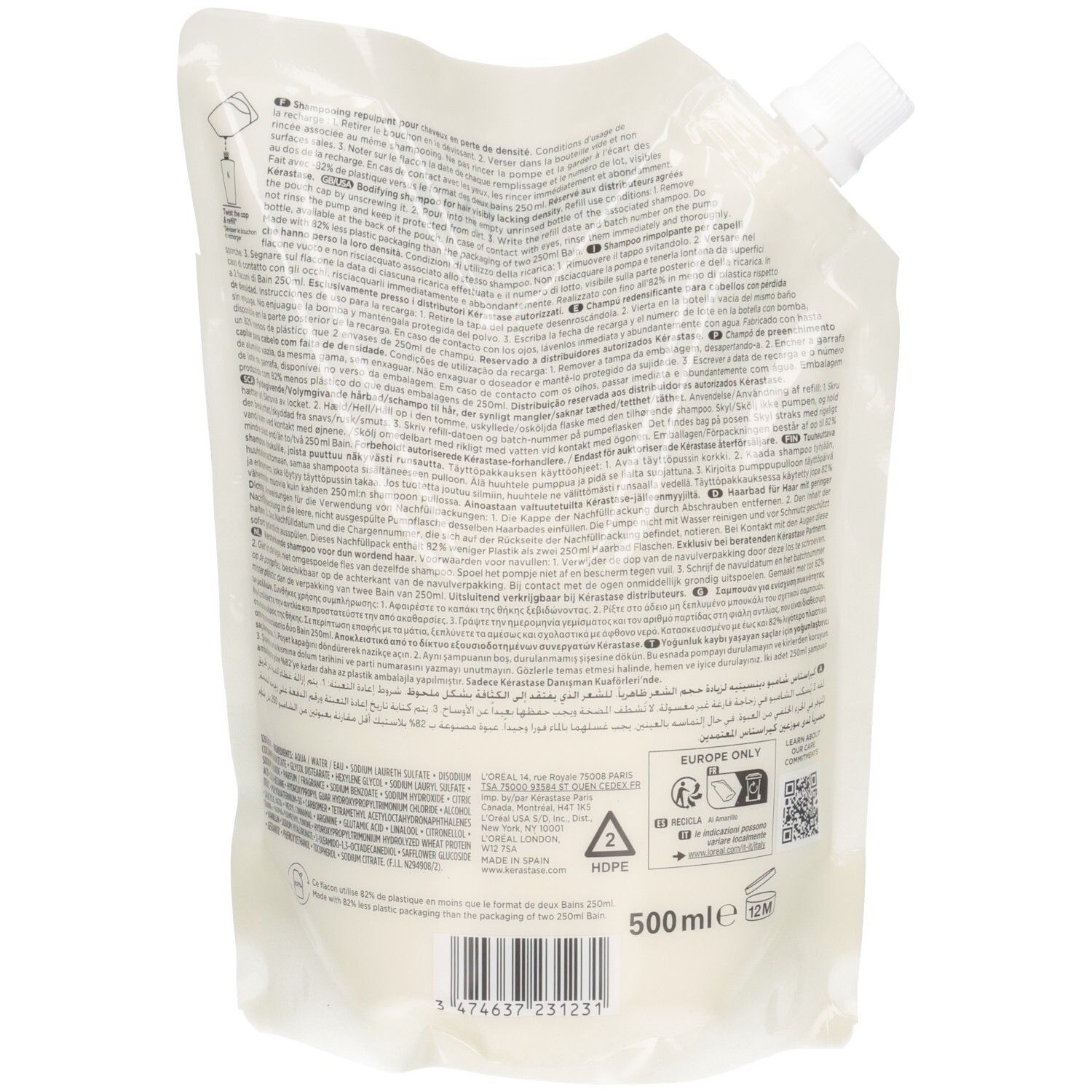 Pochette de recharge avec bouchon à vis blanc, contenu 500ml.