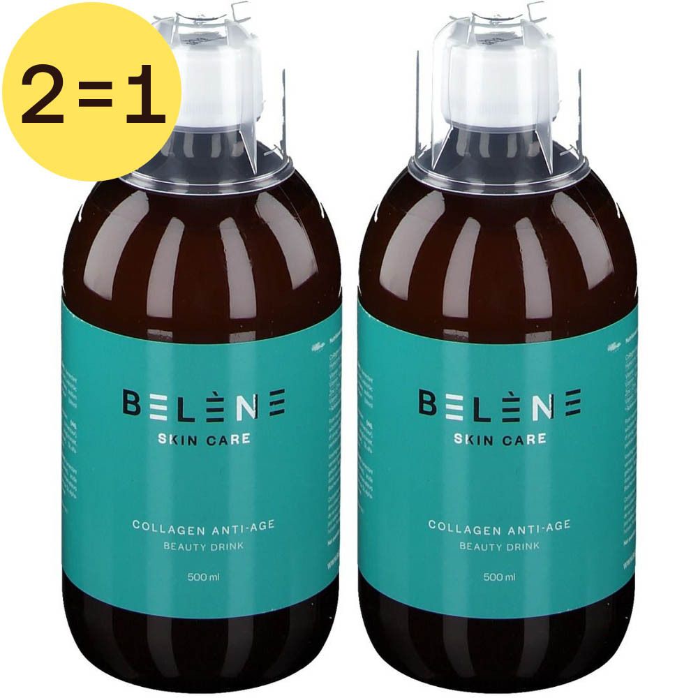 Deux bouteilles Belène Skin Care Collagen Anti-Age Beauty Drink. Étiquettes turquoise, bouteilles transparentes, label jaune 2=1.