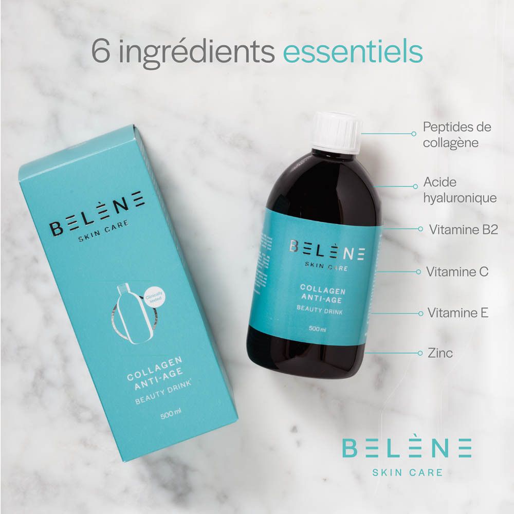 Une bouteille et une boîte de BELENE Collagen Anti-Age Beauty Drink. 6 ingrédients essentiels.