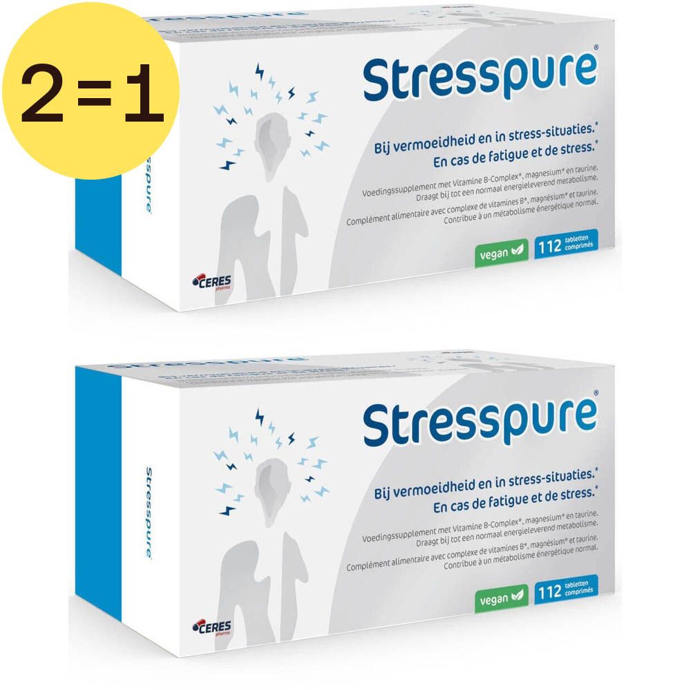 Deux boîtes StressPure, écriture bleue sur fond blanc. Inscription: 112 comprimés, vegan.