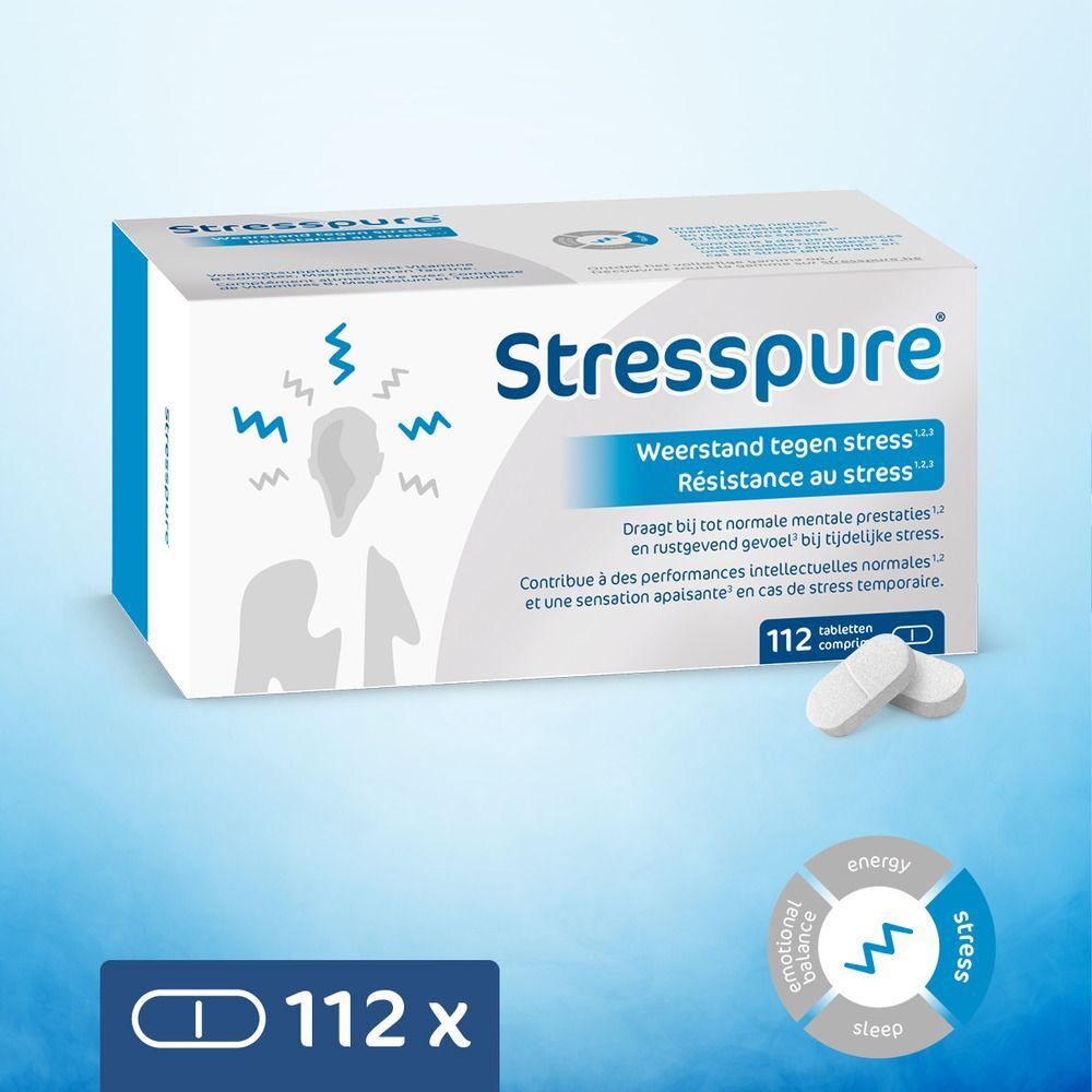 Deux boîtes de compléments alimentaires Stresspure avec complexe de vitamines B, magnésium et taurine.