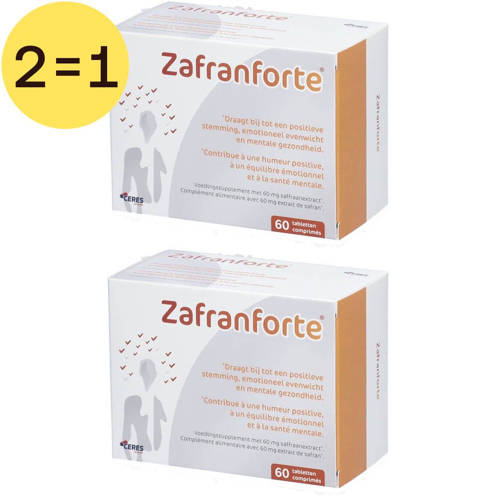 Deux boîtes de Zafranforte. Boîtes blanches avec accents orange. Texte: Zafranforte, 60 comprimés. Promotion 2=1.