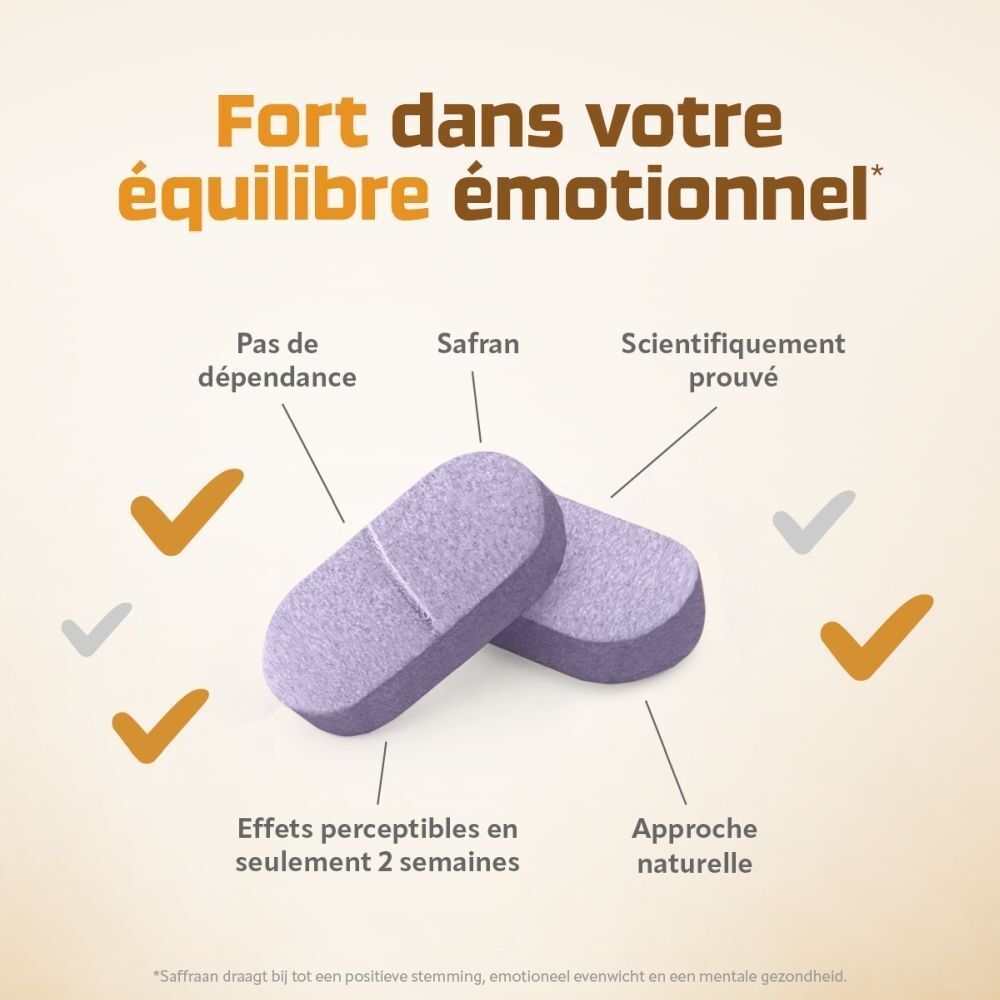 Femme avec boîte Zafranpure®, deux comprimés et icônes pour la santé mentale et le bien-être positif.
