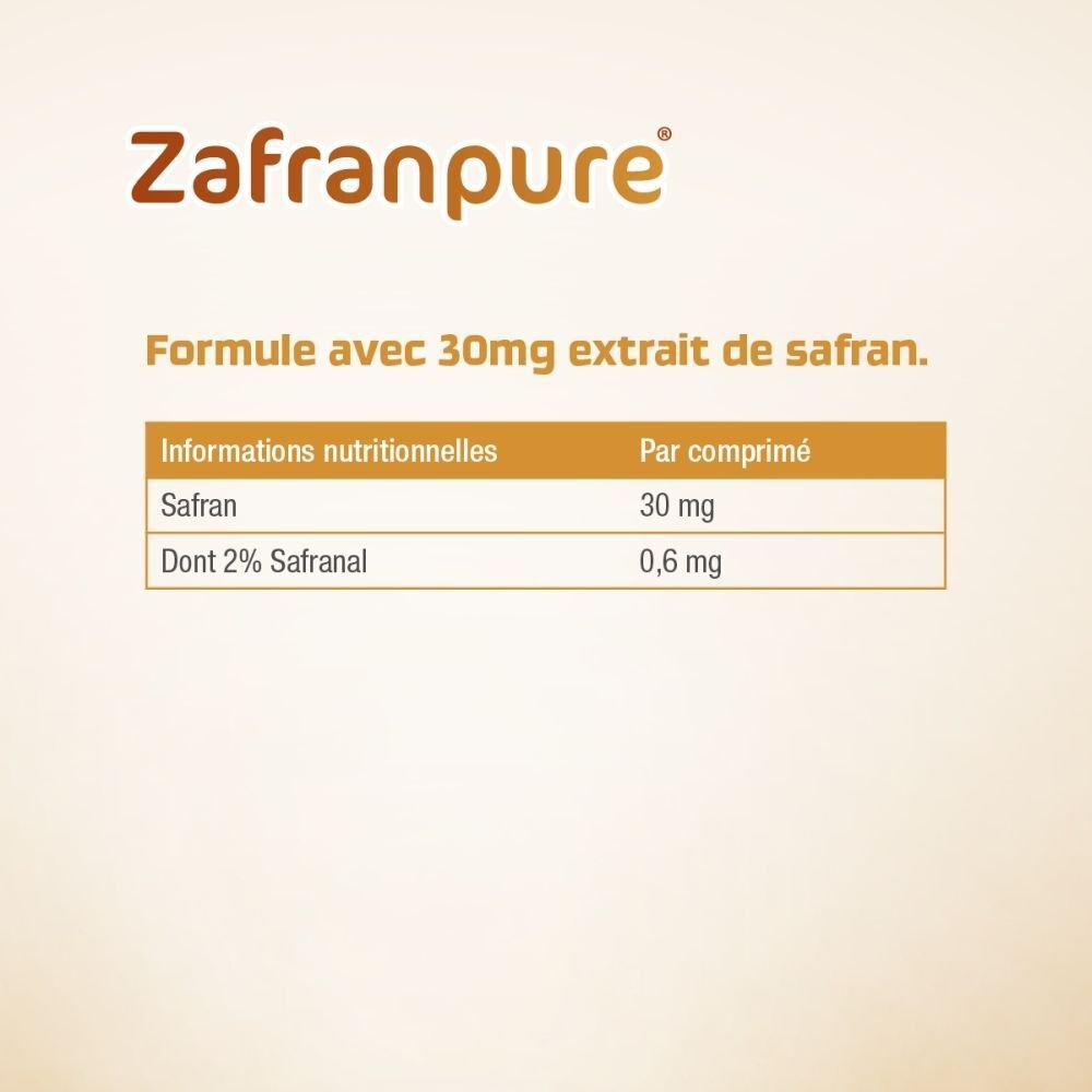 Deux comprimés Zafranpure® avec indications : "Pas de dépendance", "Safran", "Scientifiquement prouvé", "Approche naturelle", "Effets en 2 semaines".