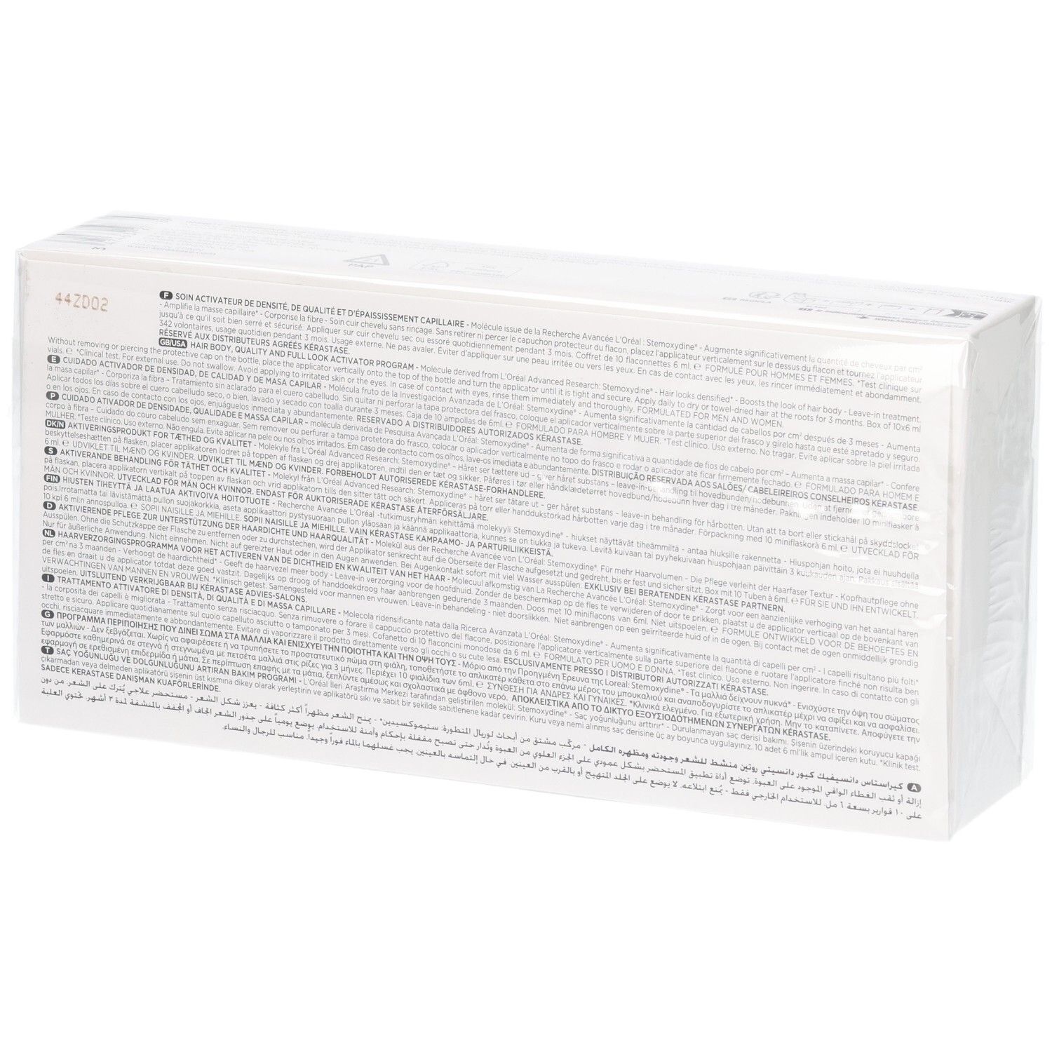 Emballage blanc du produit avec instructions et informations produit multilingues.