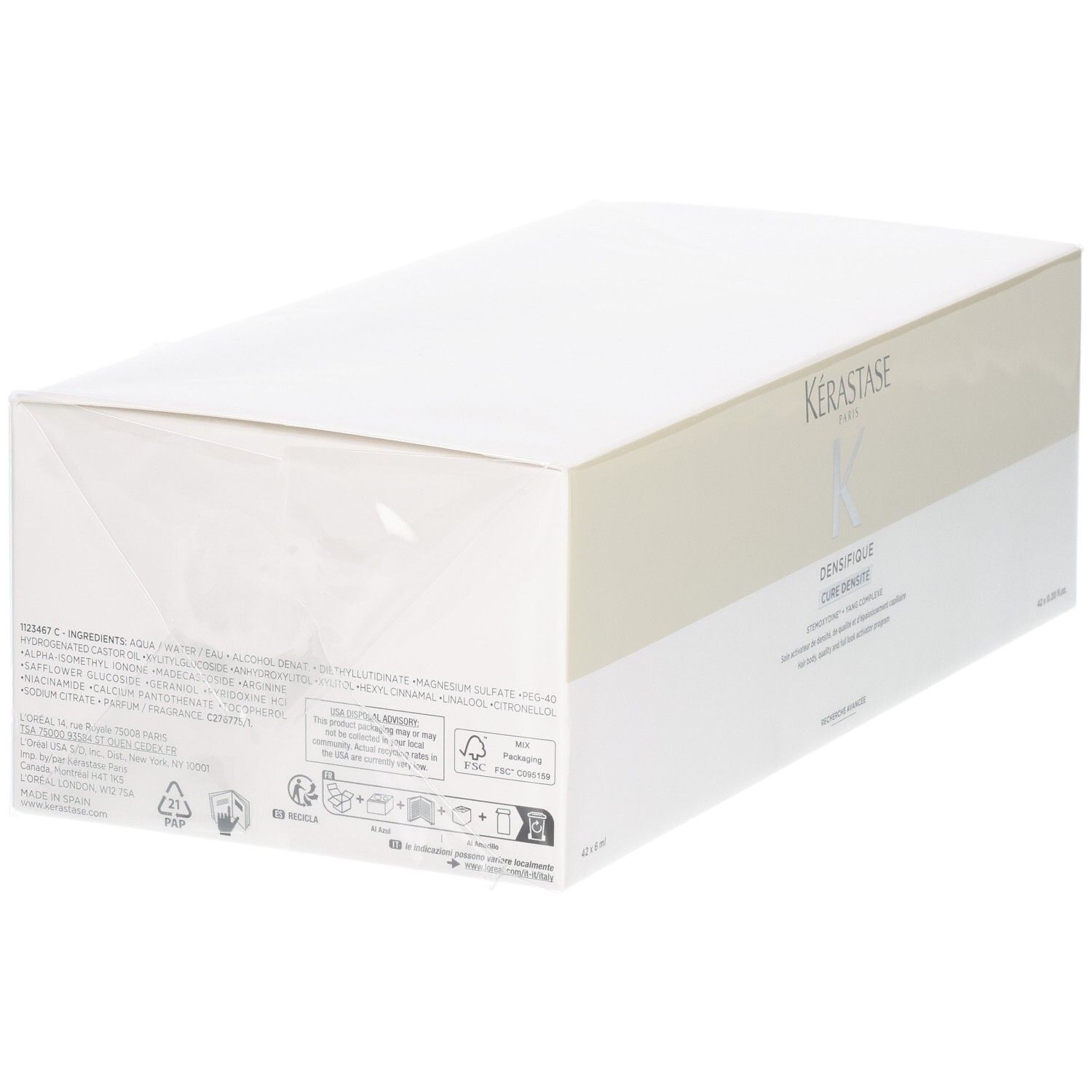 Boîte de Kérastase Densifique Conditioner. Emballage blanc et doré avec informations produit.