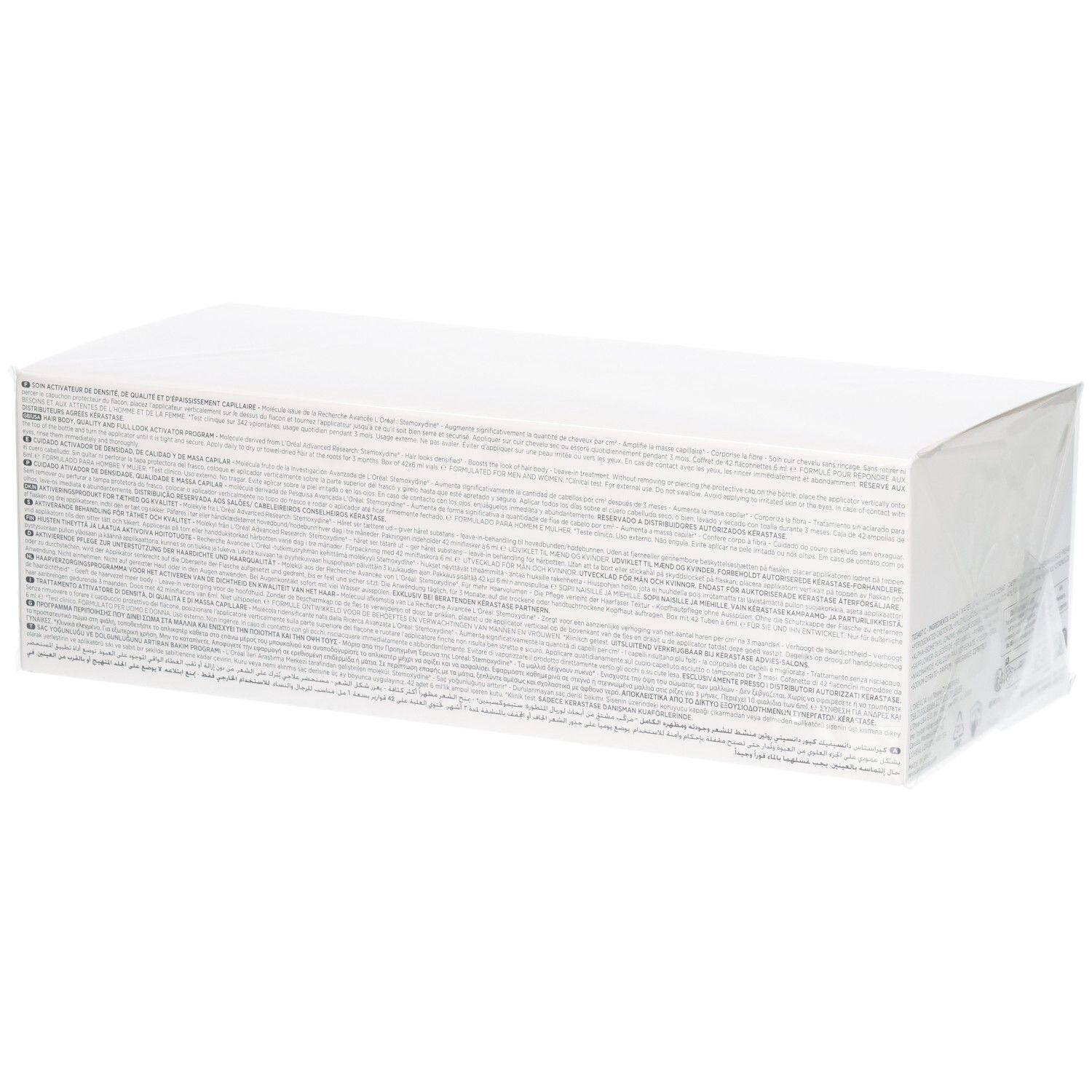 Emballage rectangulaire blanc avec texte multilingue varié.