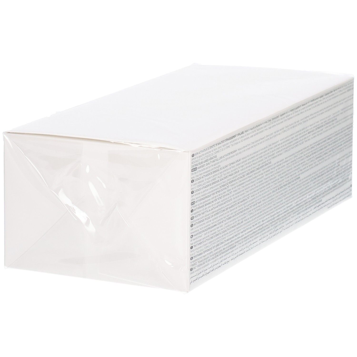 Emballage rectangulaire blanc, imprimé de texte sur le côté et scellé dans un film transparent.