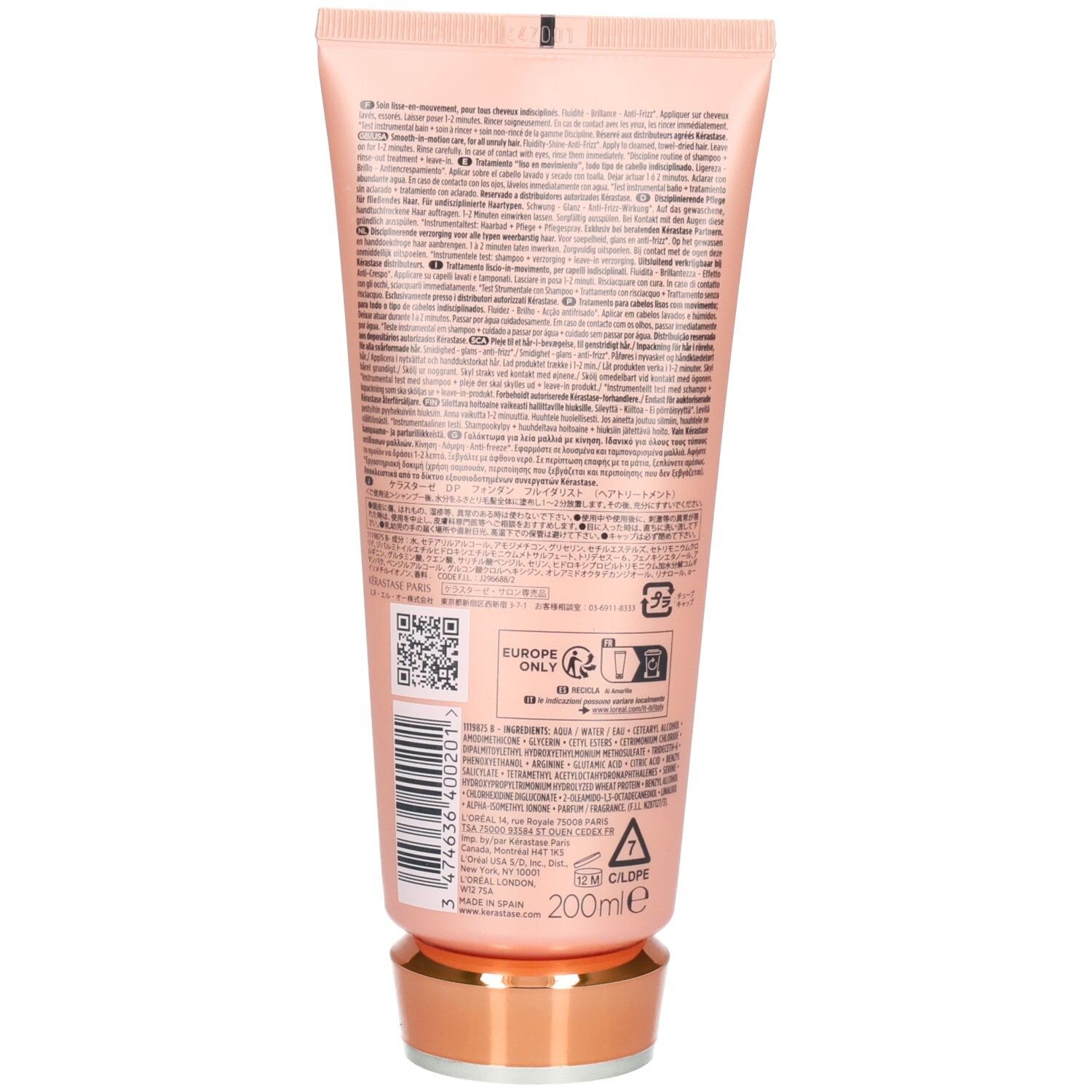 Arrière d'un tube rose pâle avec informations produit, code-barres et indication de 200ml.