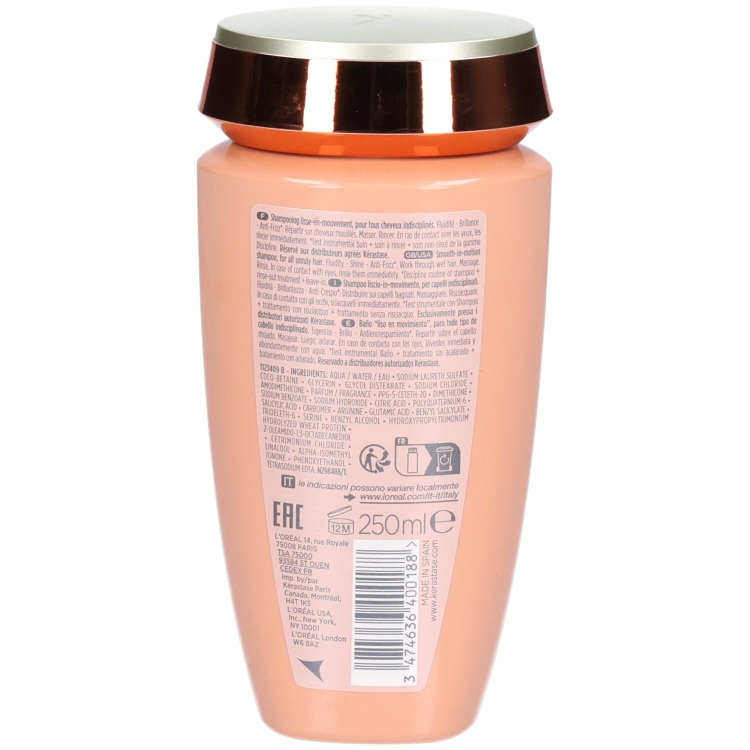 Bouteille pêche avec bouchon argenté et cuivré. Dos avec informations produit et mention 250ml.