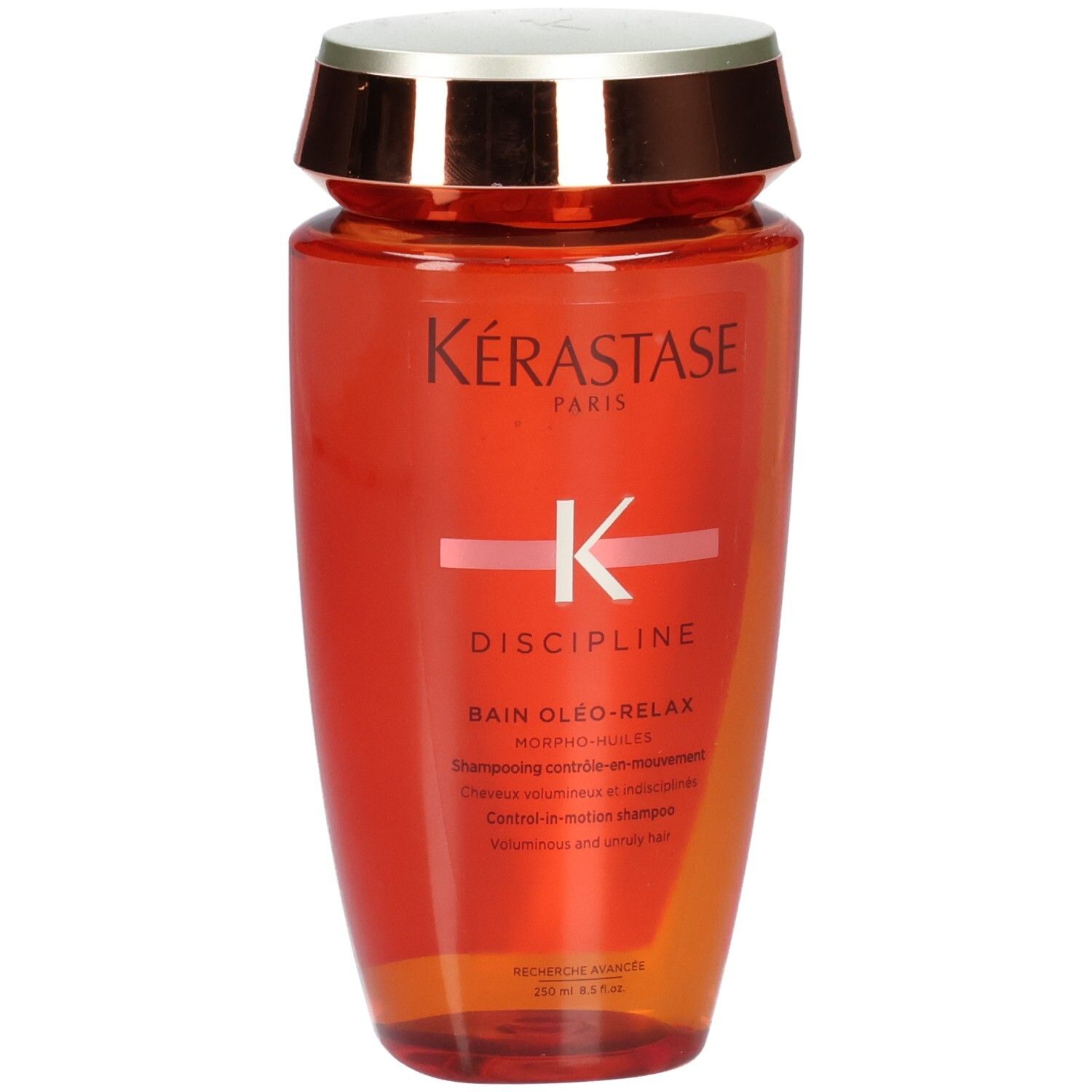 Shampooing Kérastase Discipline Bain Oleo-Relax, 250ml, flacon orange avec bouchon doré.