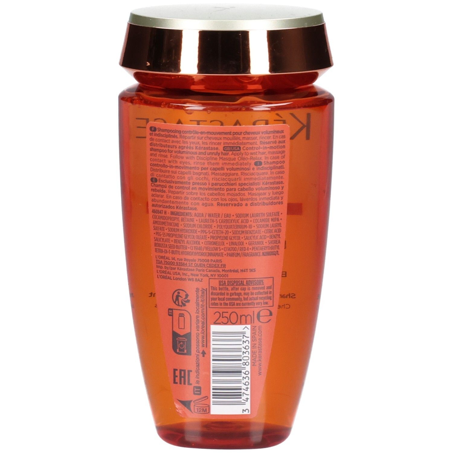 Shampooing Kérastase Discipline Bain Oleo-Relax, 250ml, arrière du flacon orange avec étiquette.
