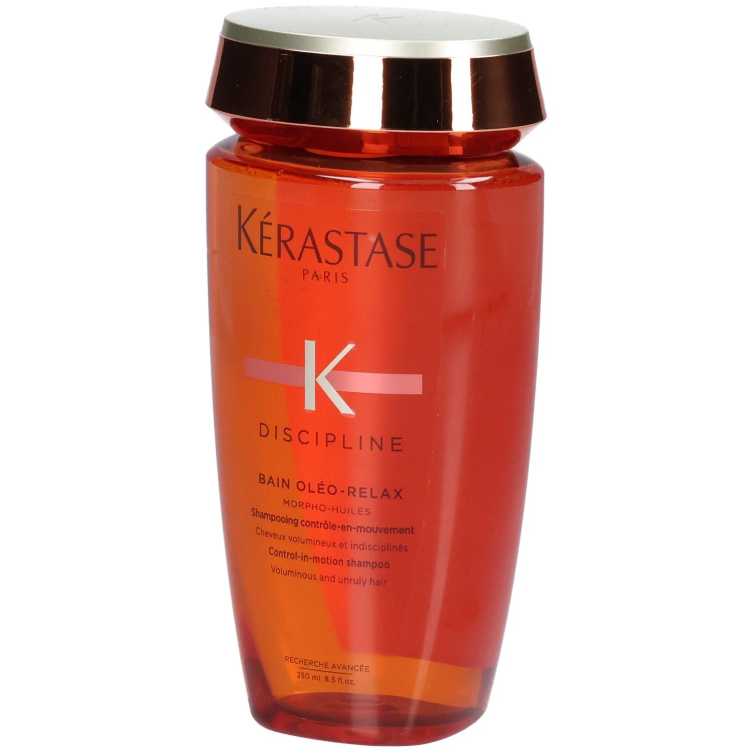 Shampooing Kérastase Discipline Bain Oleo-Relax, 250ml, flacon orange avec bouchon doré.