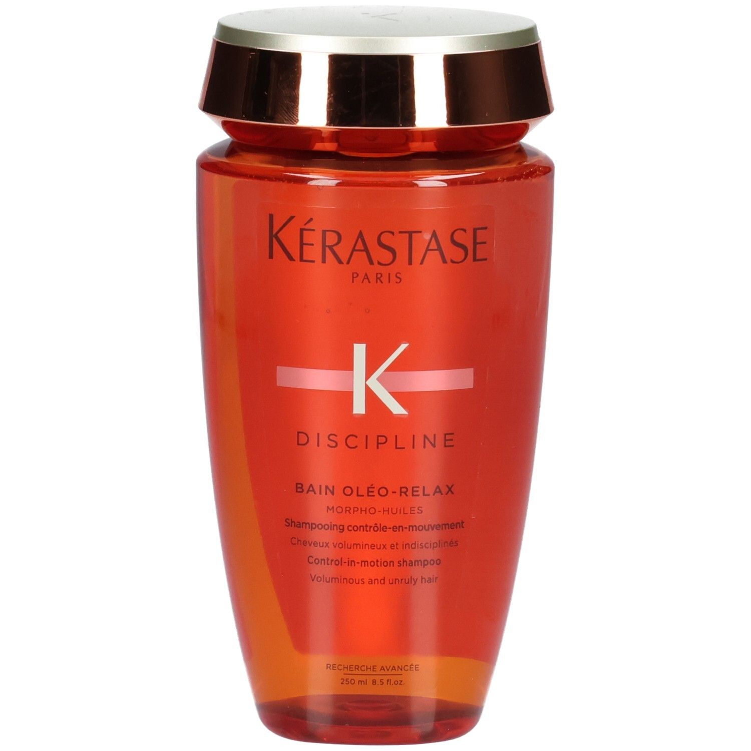 Shampooing Kérastase Discipline Bain Oleo-Relax, 250ml, flacon orange avec bouchon doré.