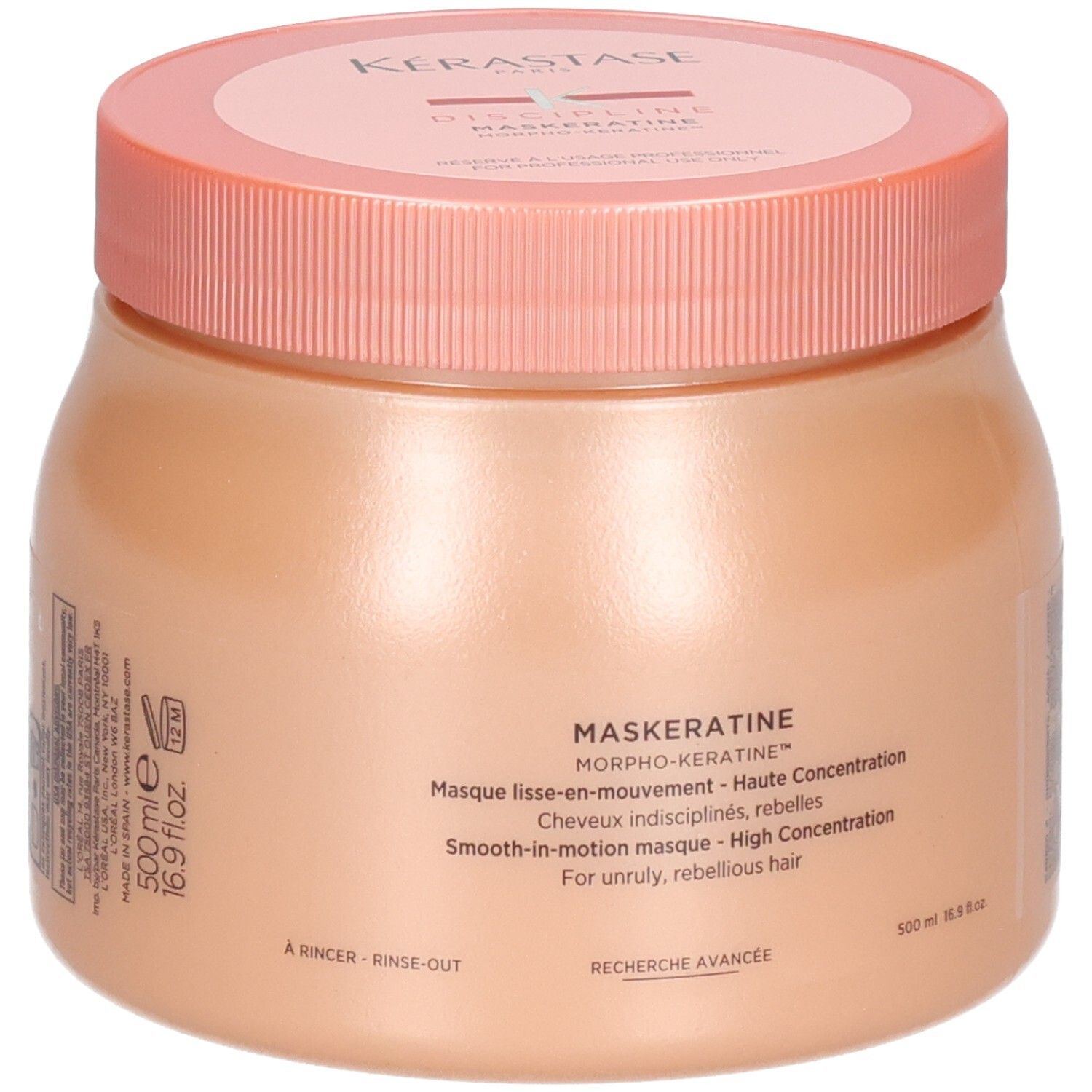 Kérastase Maskeratine, masque pour cheveux, 500ml, dans un pot pêche avec un couvercle vissé rose.