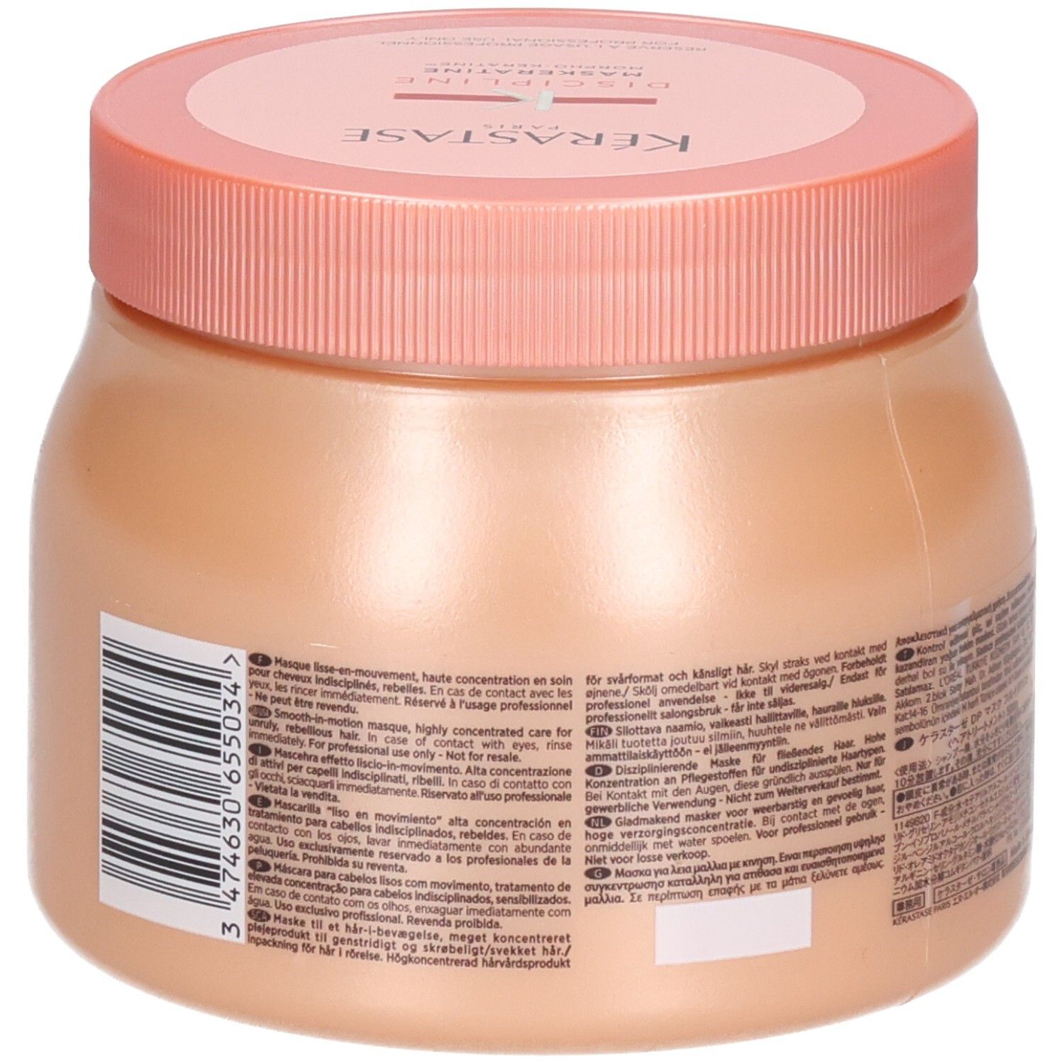 Un pot de masque capillaire beige avec un couvercle et une étiquette roses. Contient du texte et un code-barres.