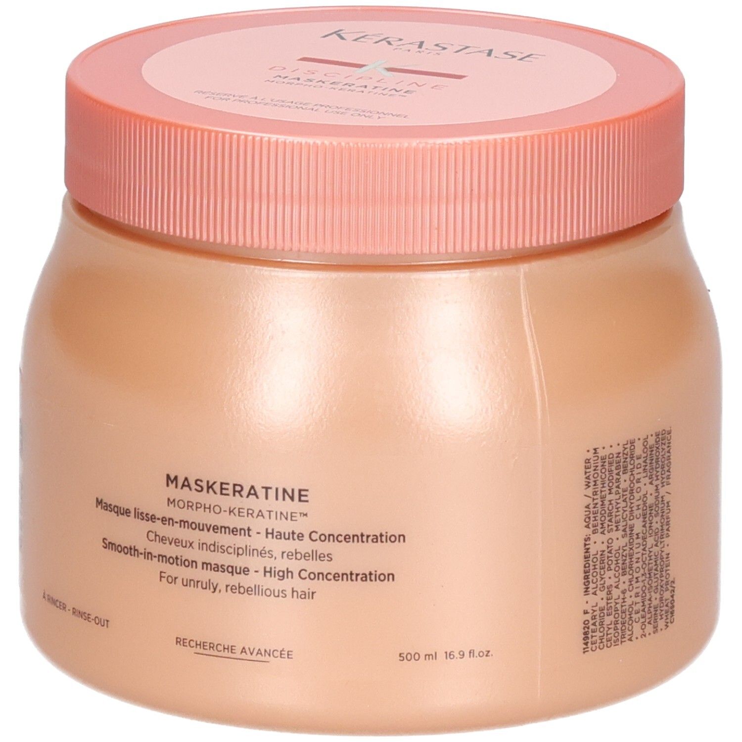 Un pot de masque Kérastase Maskeratine avec couvercle rose, 500 ml.