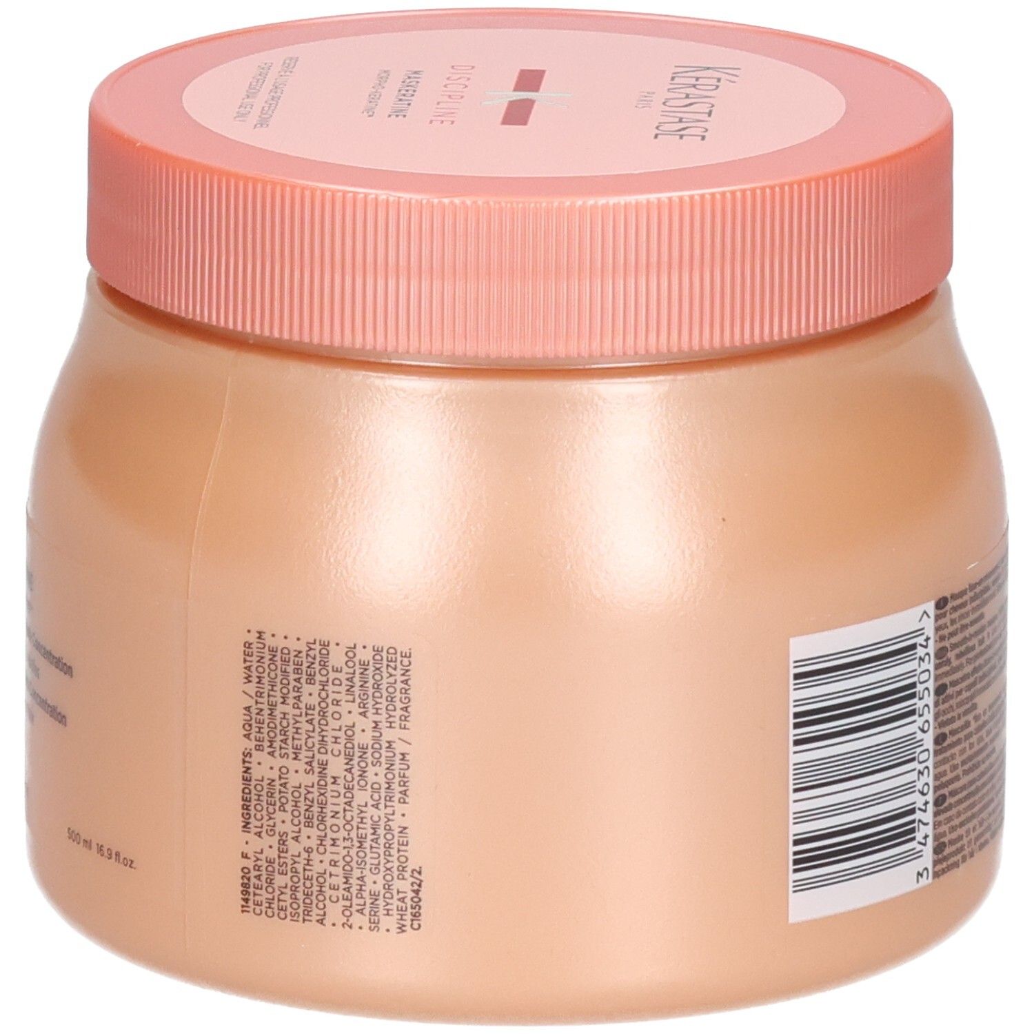 Un pot de soin capillaire Kérastase rose pâle avec un couvercle rose pâle. Contient des ingrédients et un code-barres.