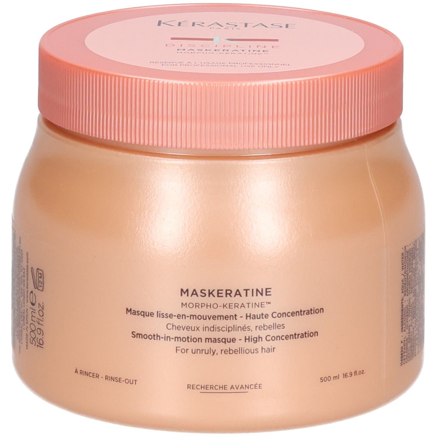 Masque capillaire Kerastase Maskeratine dans un pot pêche avec couvercle rose. 500 ml.