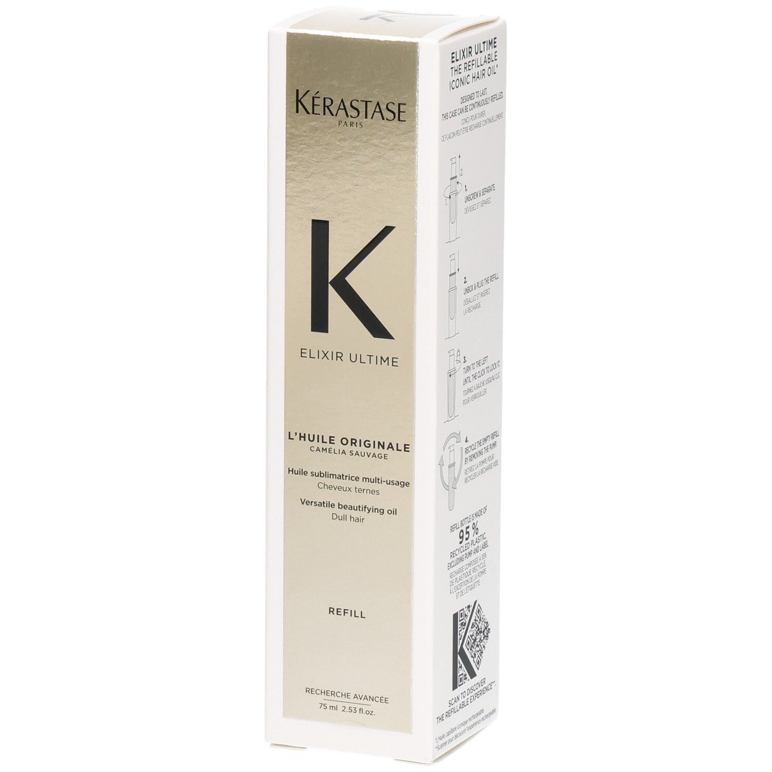 Kérastase Elixir Ultime recharge, huile sublimante polyvalente pour cheveux ternes.