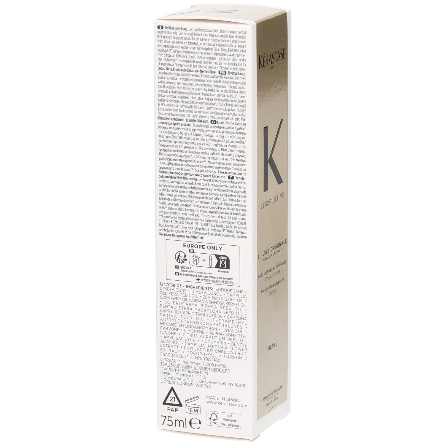 Emballage du sérum Kérastase Thérapiste 75ml avec instructions d'utilisation et liste des ingrédients.
