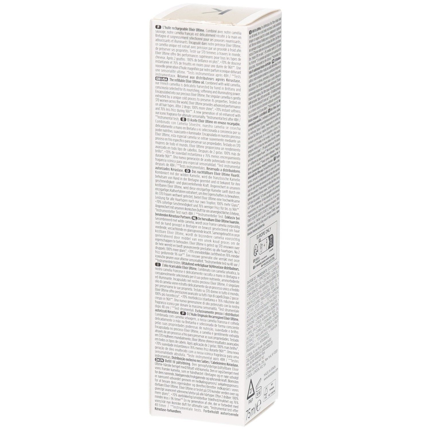 Boîte pliante blanche avec texte multilingue et indication 75ml.