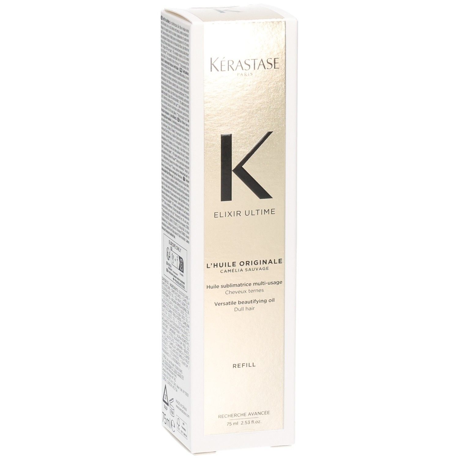 Emballage Kérastase Elixir Ultime L'Huile Originale Recharge avec logo K et informations produit.