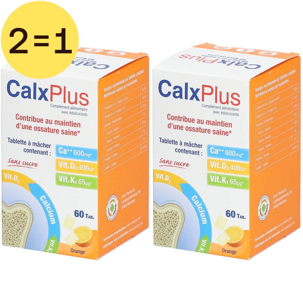 Deux boîtes CalxPlus, design orange, avec informations produit et mention "2=1".