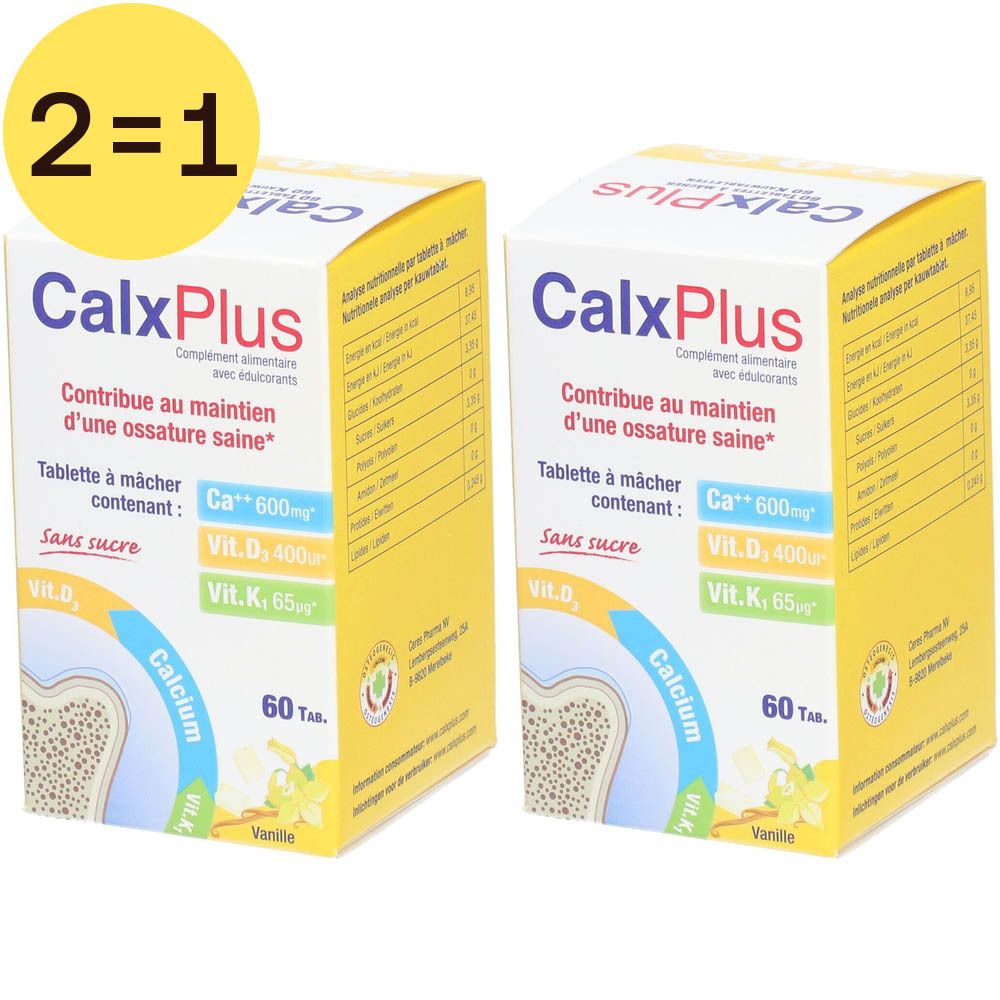 Deux boîtes jaunes CalxPlus, 2 pour 1, avec texte et illustrations. Contient calcium, vitamine D et K. 60 comprimés.