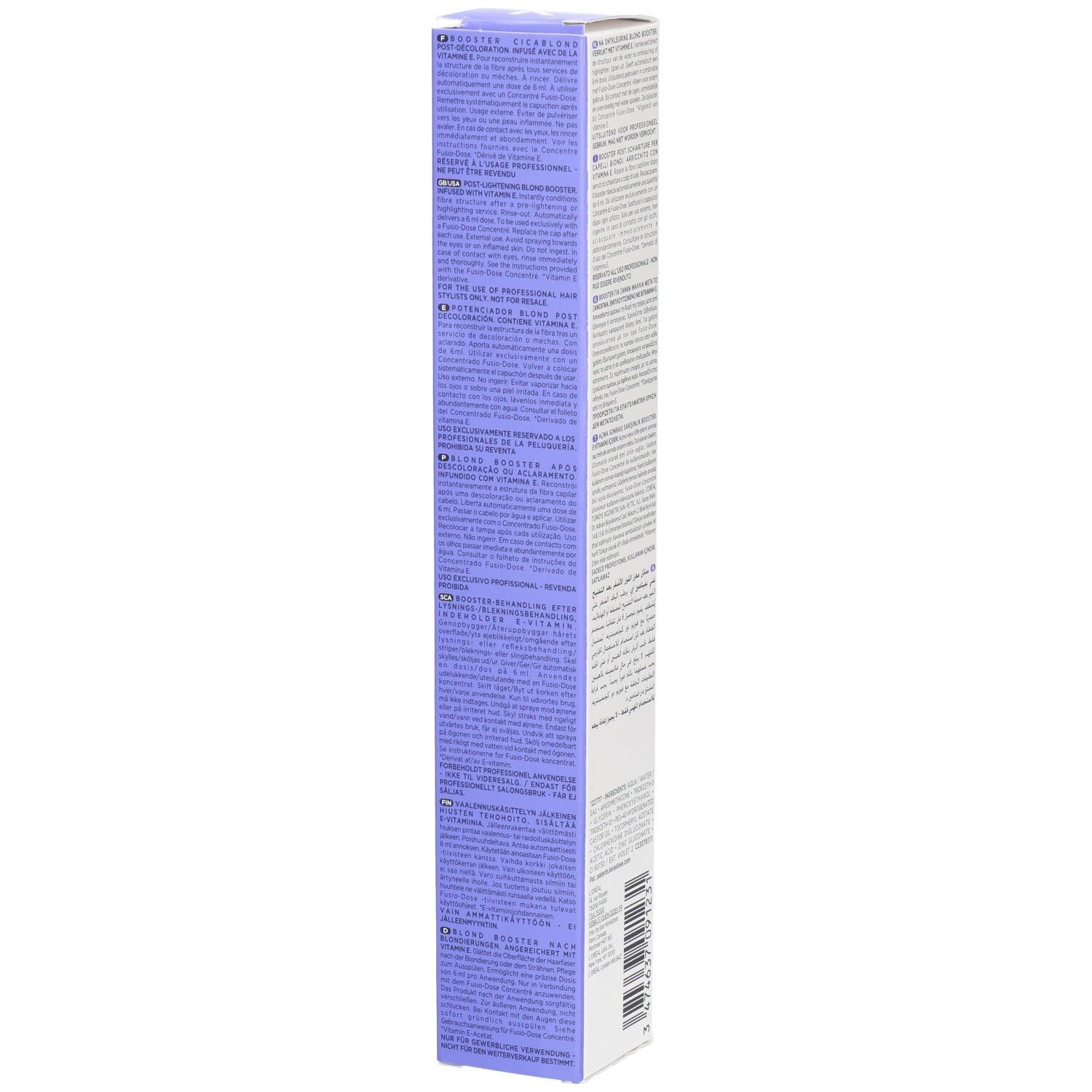 Boîte pliante blanche avec inscriptions violettes et grises. Contient des informations produit en plusieurs langues.